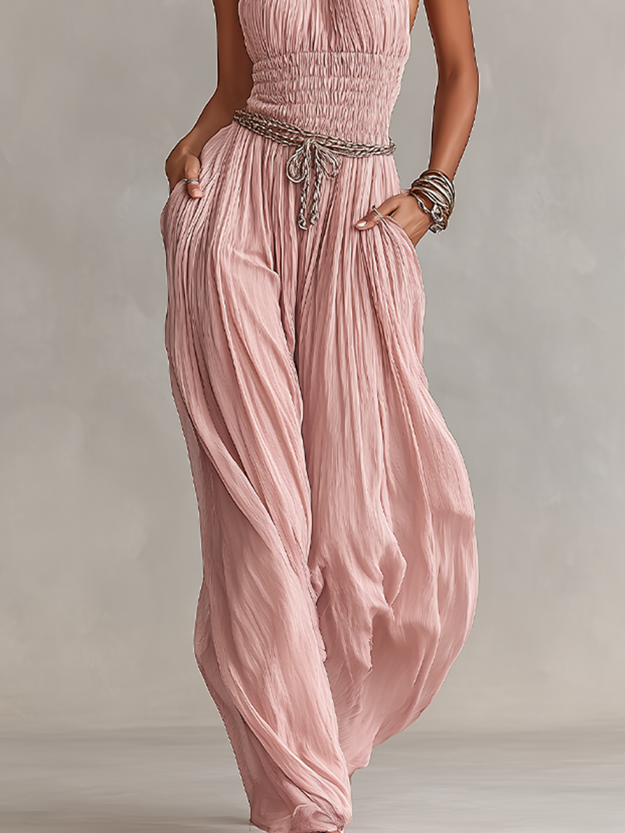 Women's Blush Pleated Jumpsuit With Halter Neck & Ruched Waist, Timeless Romantic-Elegant Style Jumpsuit (without Belt) MDZ1133B7I