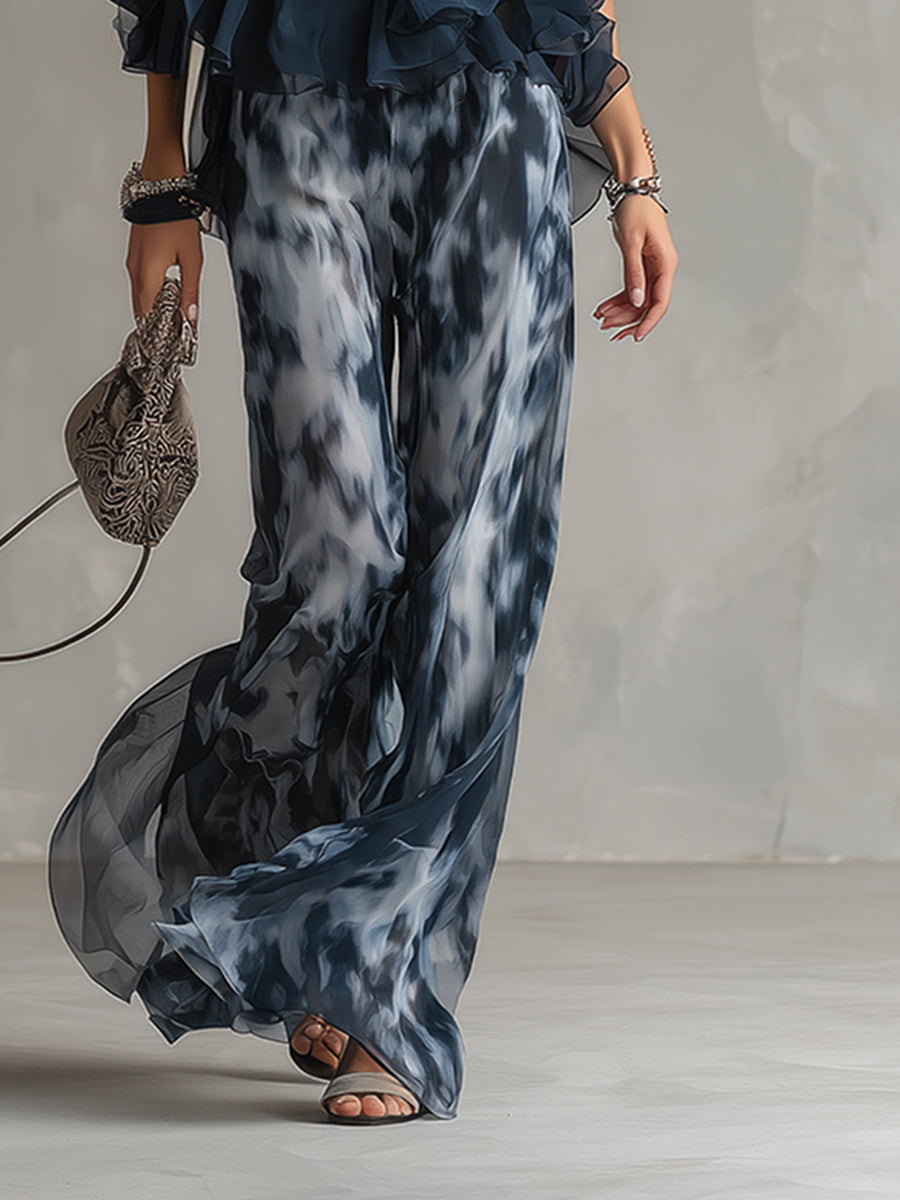 Ludovica | Elegant Navy Blue Halter Top and Wide Printed Pants Set
