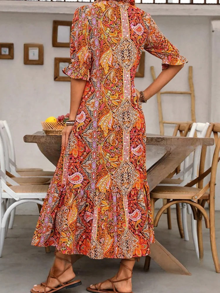 Mevelyn - Bohemian Paisley Tassel Tie Dress