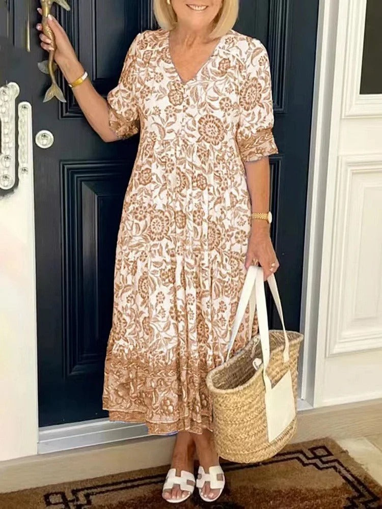Lilara - Boho Deep V Neck Floral Dress