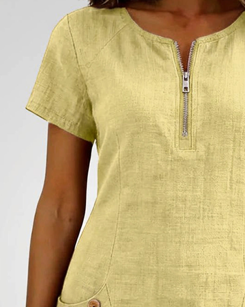 Short Linen and Cotton Dress with Zipper Closure - Elegant A-Line Cut
