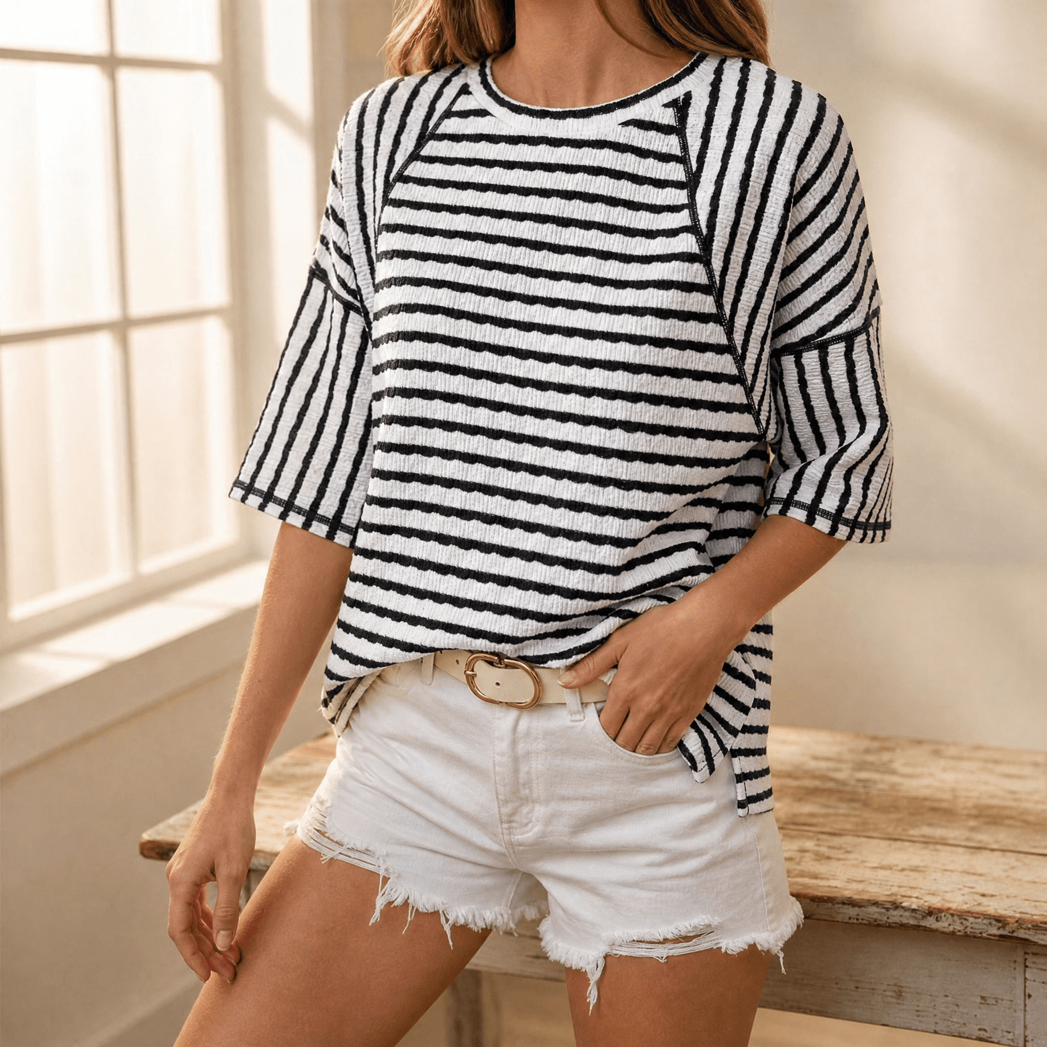 Elara – Women's textured stripe relaxed tee