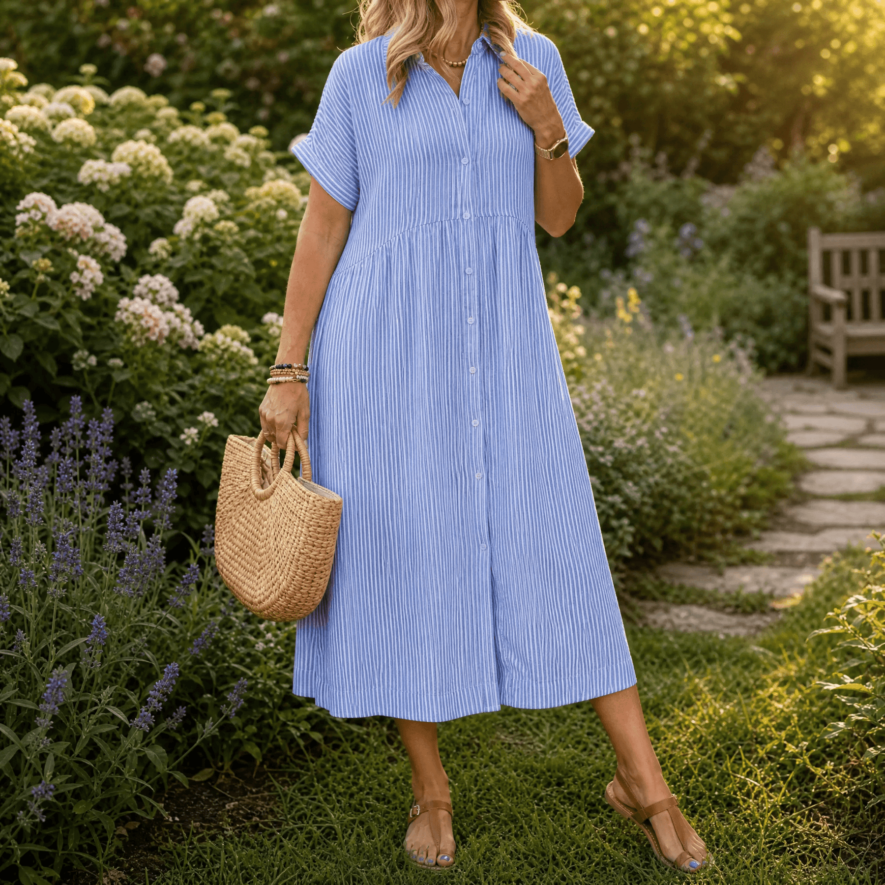 Elira – Women's Airy Striped Midi Shirt Dress