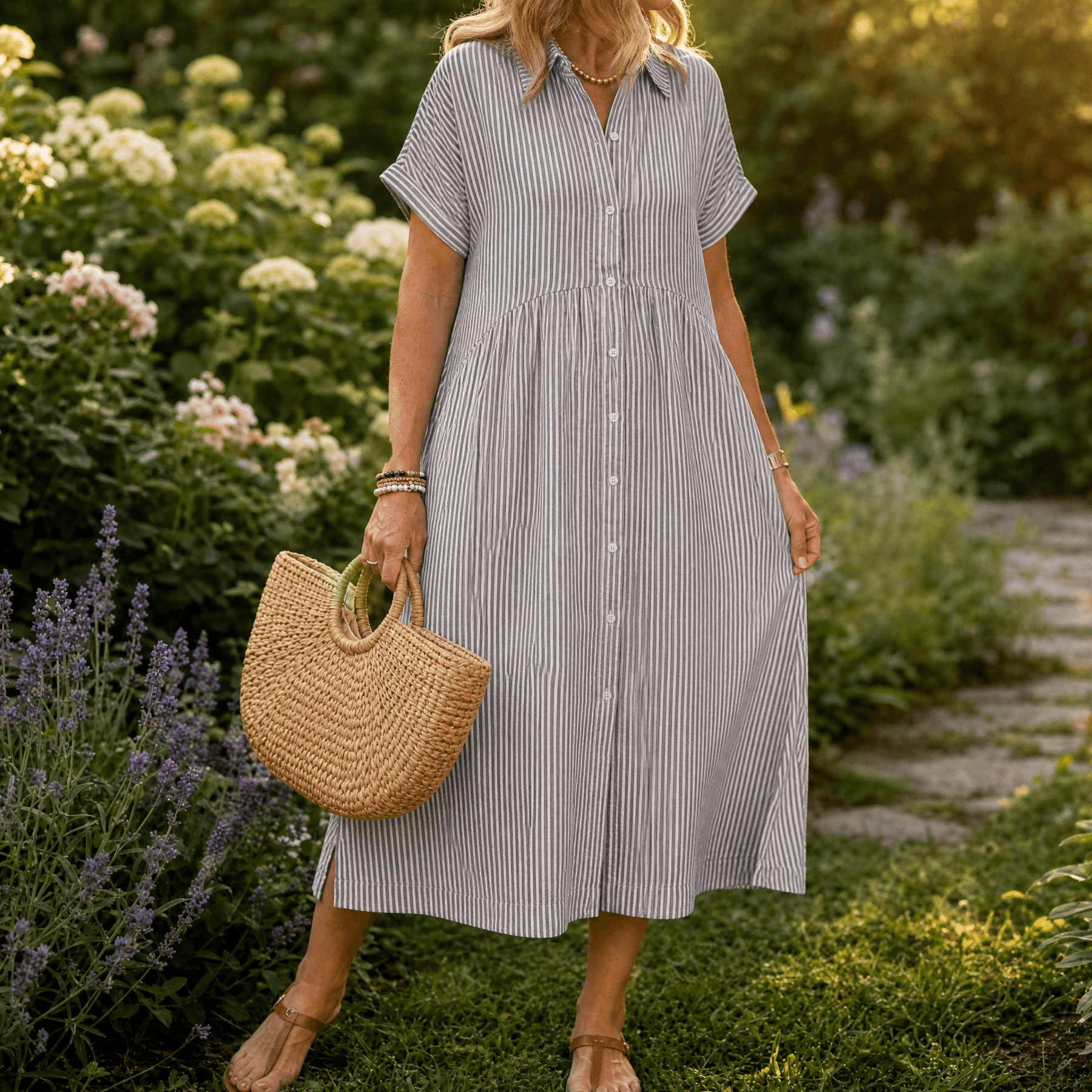 Elira – Women's Airy Striped Midi Shirt Dress