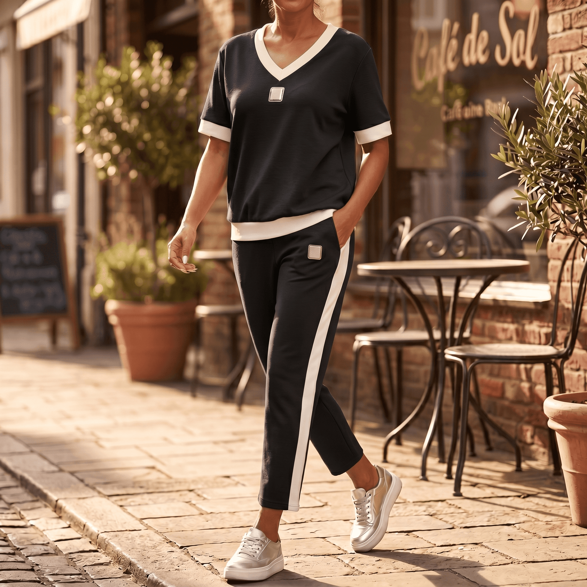 Ellara – Women's Contrast Trim V-Neck Pants Set