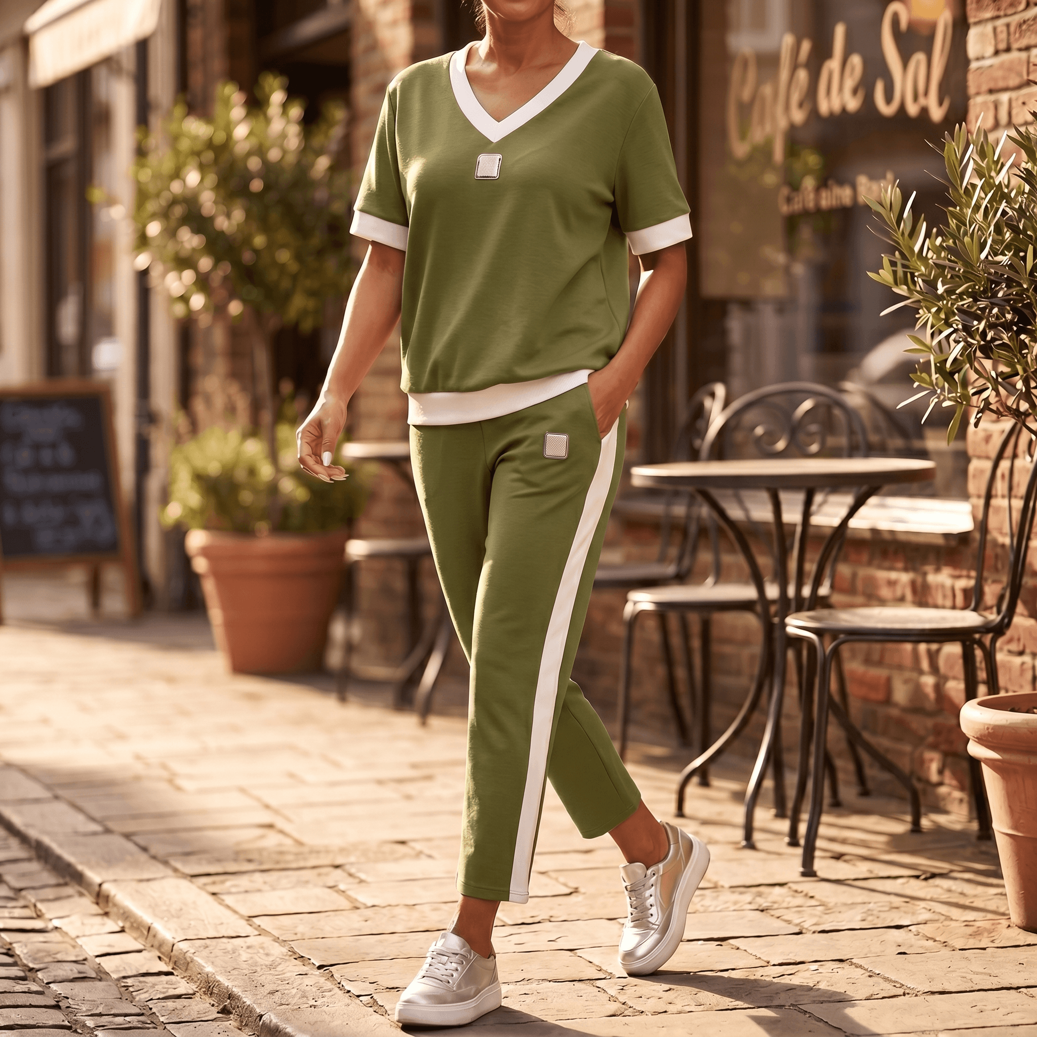 Ellara – Women's Contrast Trim V-Neck Pants Set