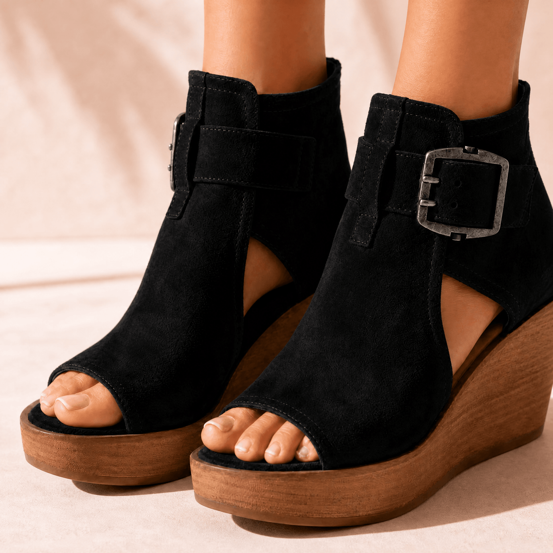 Elsera – Peep-Toe Platform Wedges with Buckle Detail