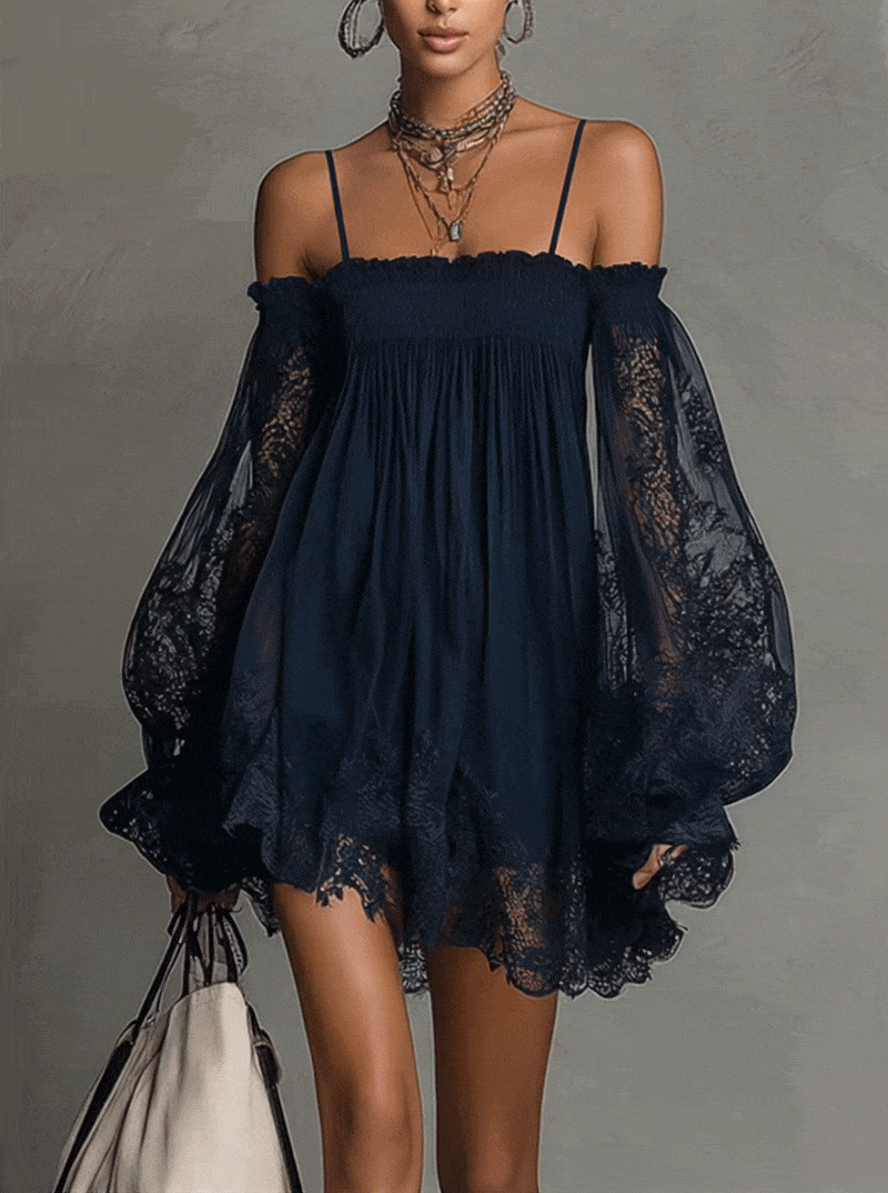 Noemi • Navy blue chiffon mini dress with off-the-shoulder neckline, lace trim, and sheer sleeves