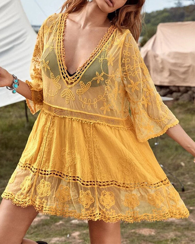Smock with V-neck and Lace Embroidery