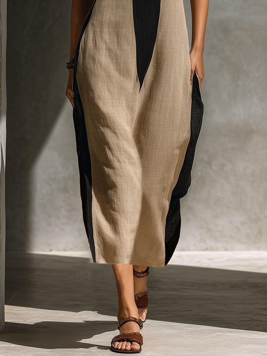 Black and Beige Cotton Midi Dress with Halter Neck and Color Block Design