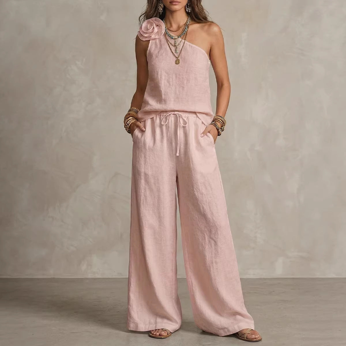 Elegant Two-Tone Set - Sleeveless Shirt and Pants
