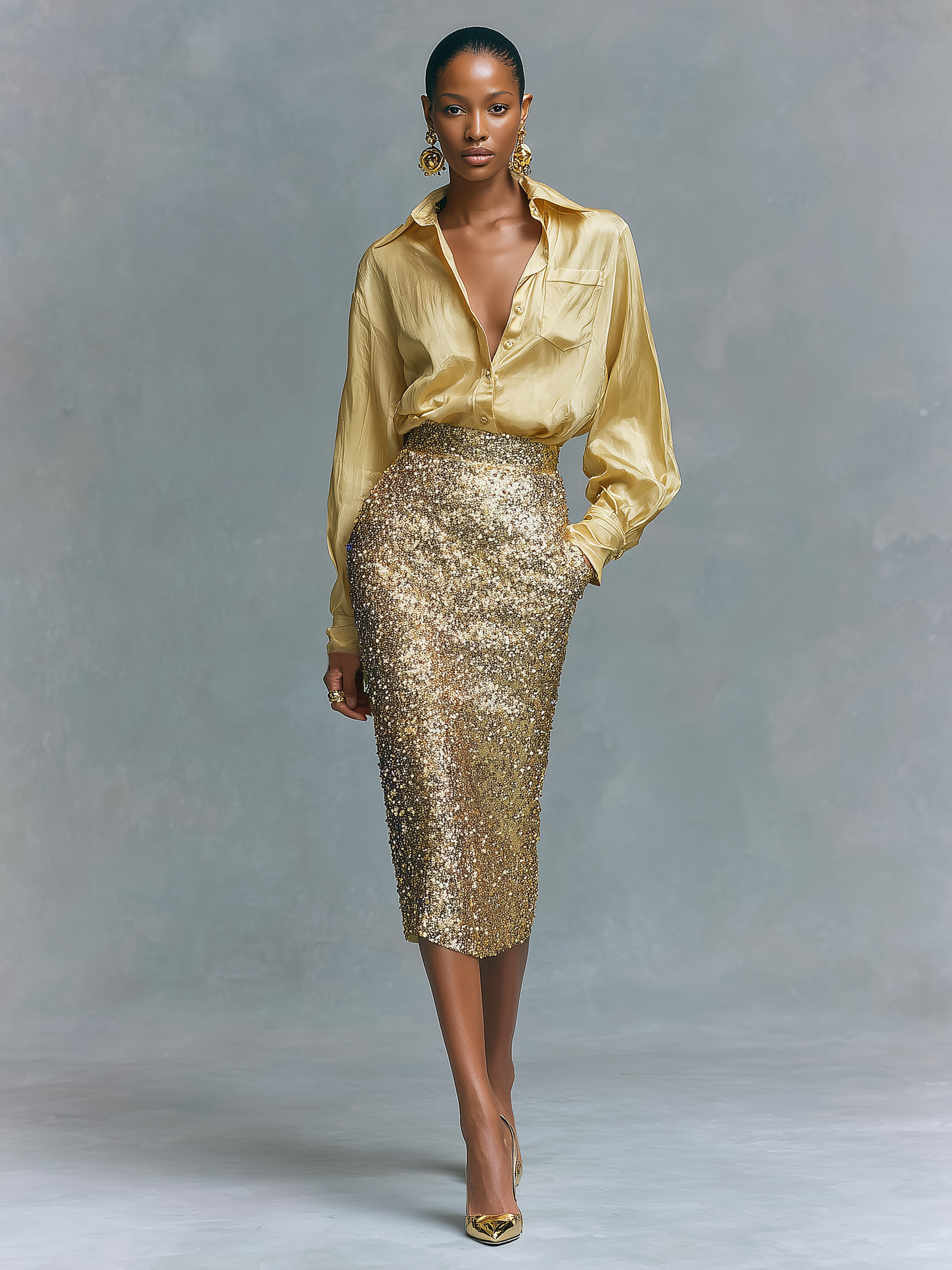 Women's Long-sleeved Shirt And Sequined Pencil Skirt Set MDA2431K6Y