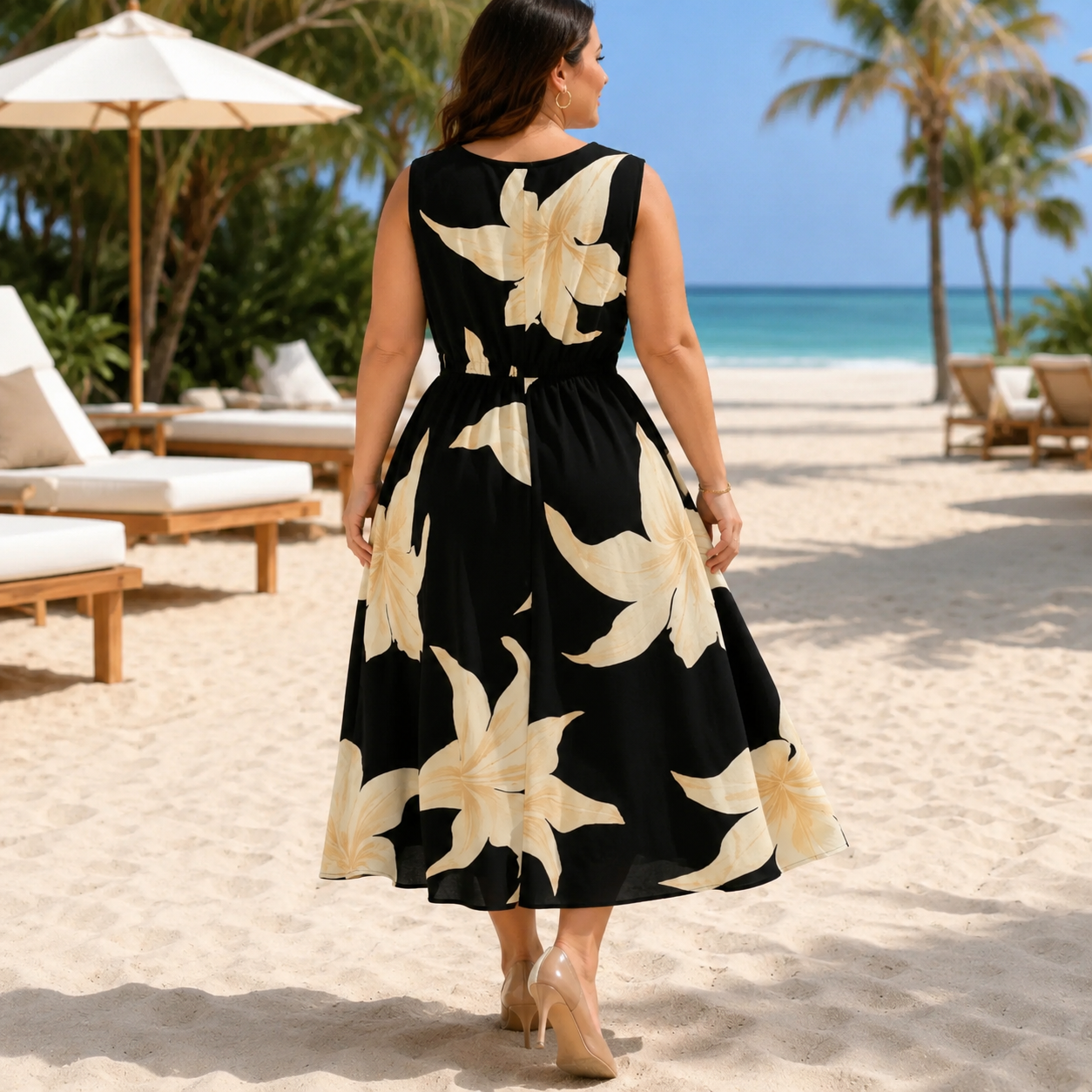 Florenza – Floral Cowl-Neck Midi Dress with Tie Waist, A-Line, Sleeveless