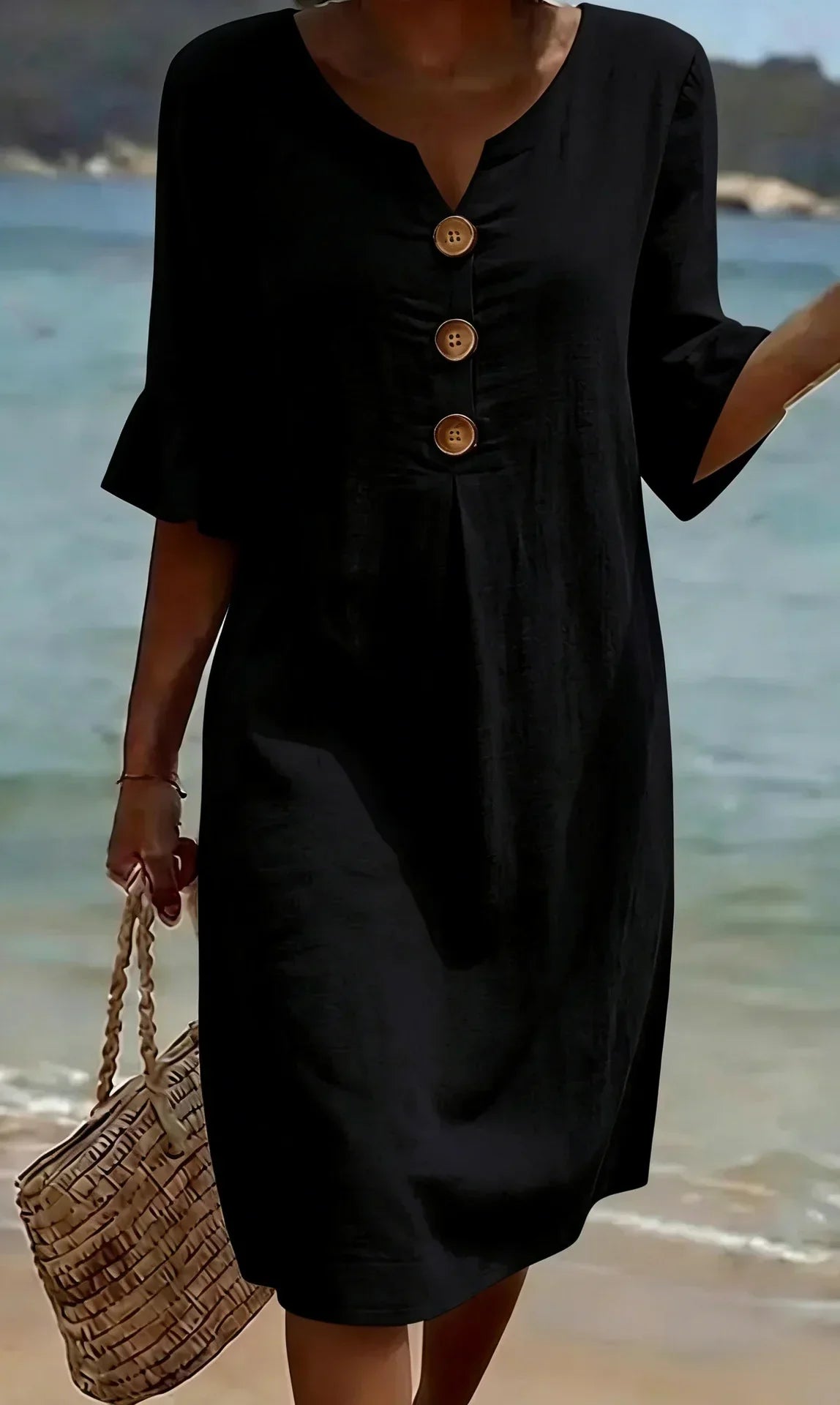 Vanesa | Linen dress with texture, puff sleeves, and buttons