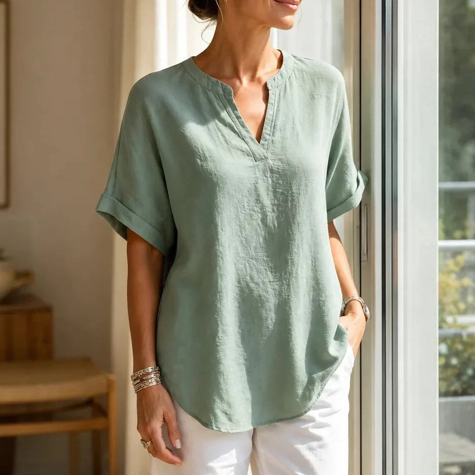 Linora – Notch V-Neck Short Sleeve Curved-Hem Tunic Blouse for Women
