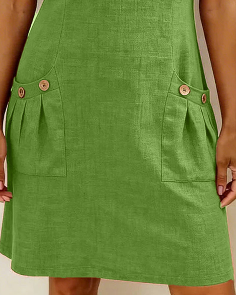 Short Linen and Cotton Dress with Zipper Closure - Elegant A-Line Cut