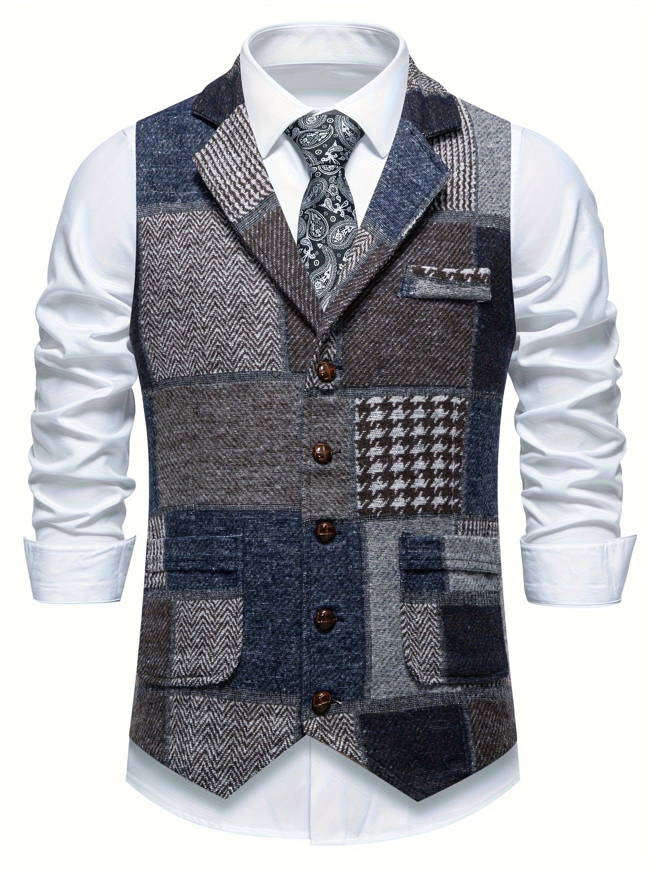 Leo™ | Patchwork Tweed Waistcoat with Herringbone Pattern