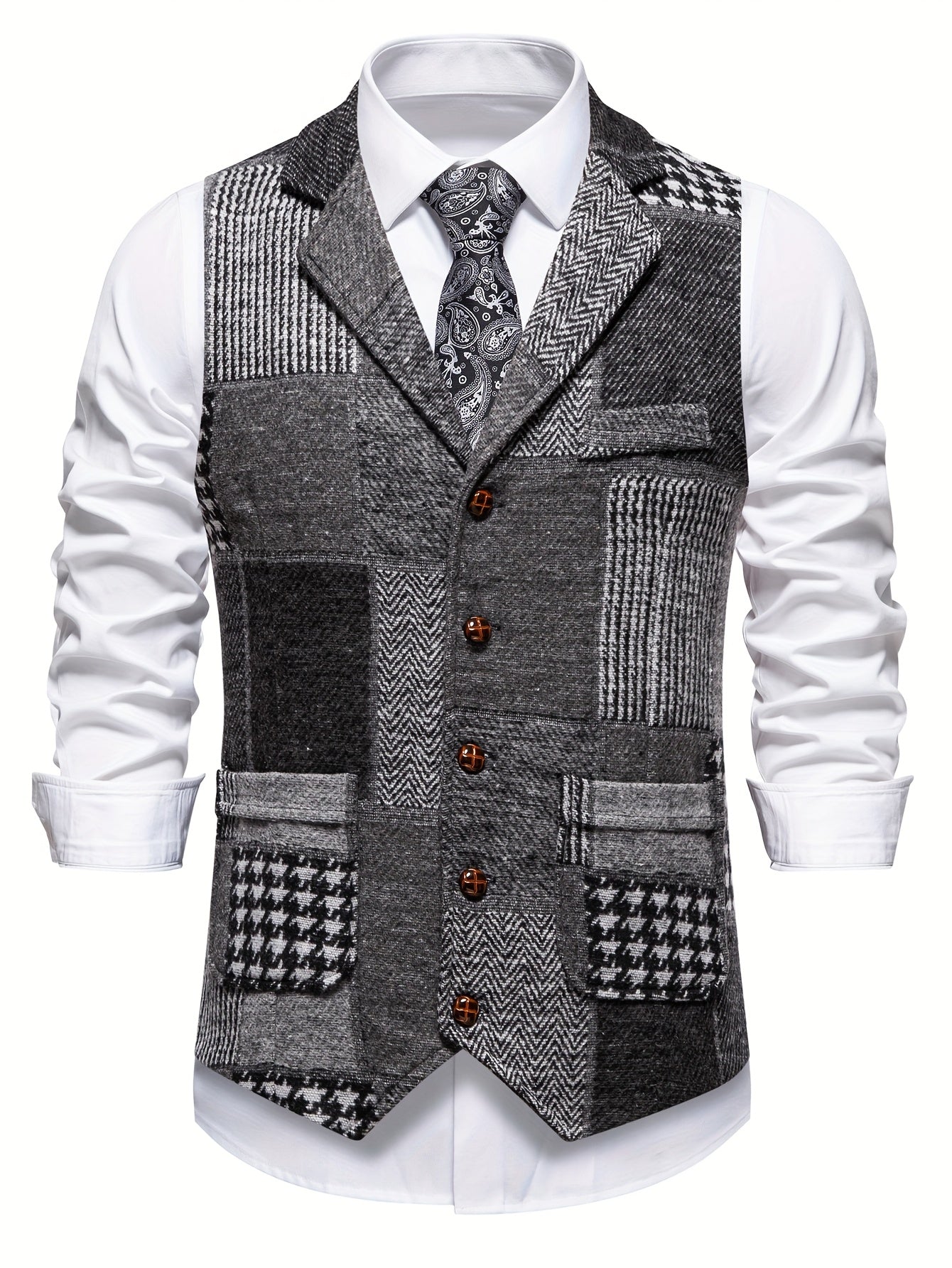 Leo™ | Patchwork Tweed Waistcoat with Herringbone Pattern