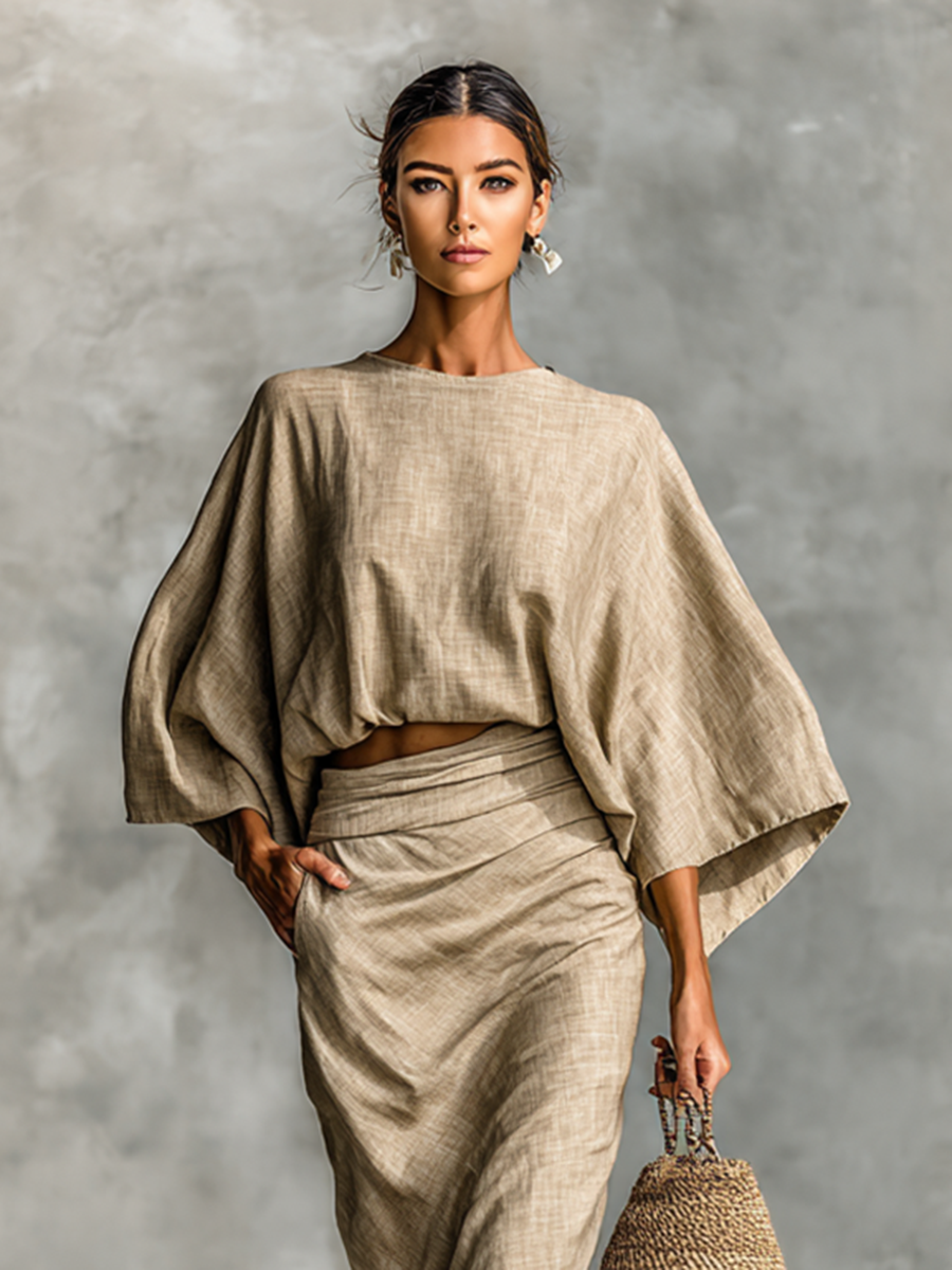 Two-piece set with long skirt in cotton-linen blend and batwing sleeves