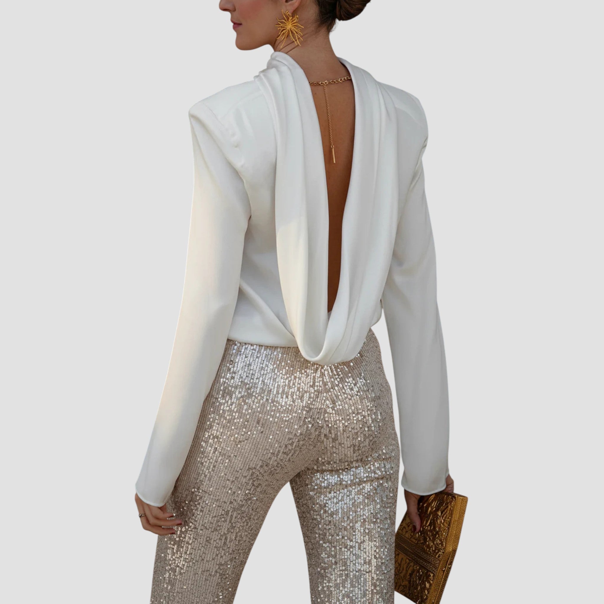 Ffion - Backless Cowl Neck Long Sleeve Blouse