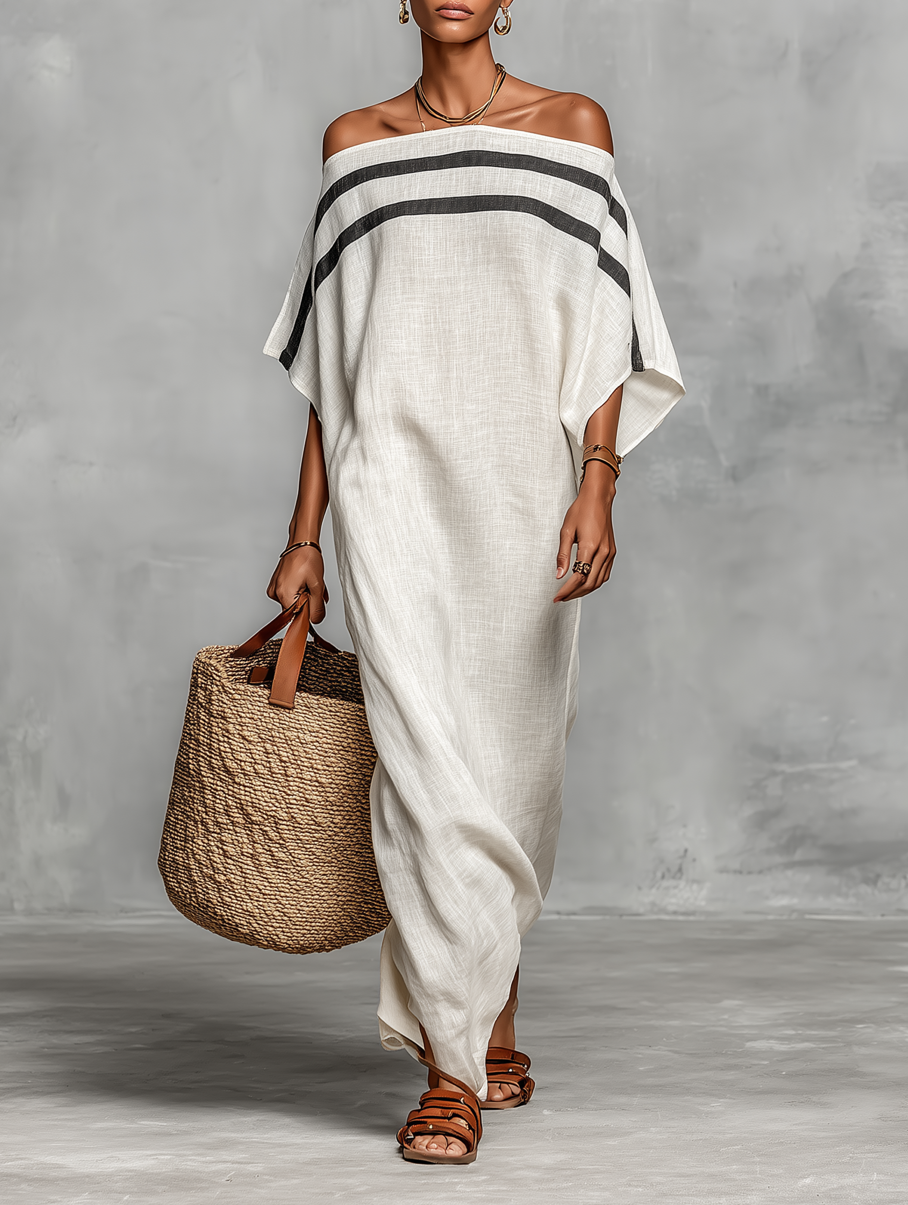 Maxi Minimalist Linen Dress for Women with Off-the-Shoulder Neckline and Batwing Sleeves