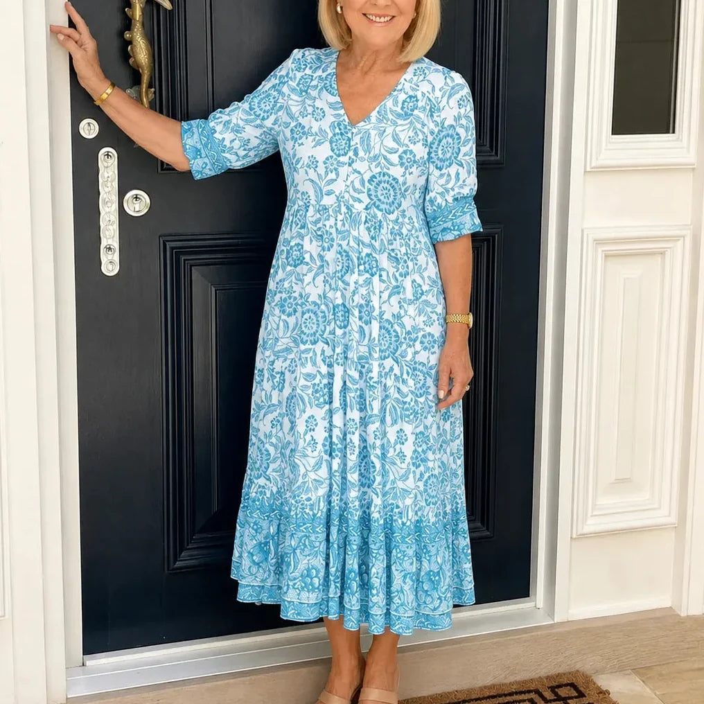Florenza – Boho V-Neck Floral Midi Dress with Tiered Hem