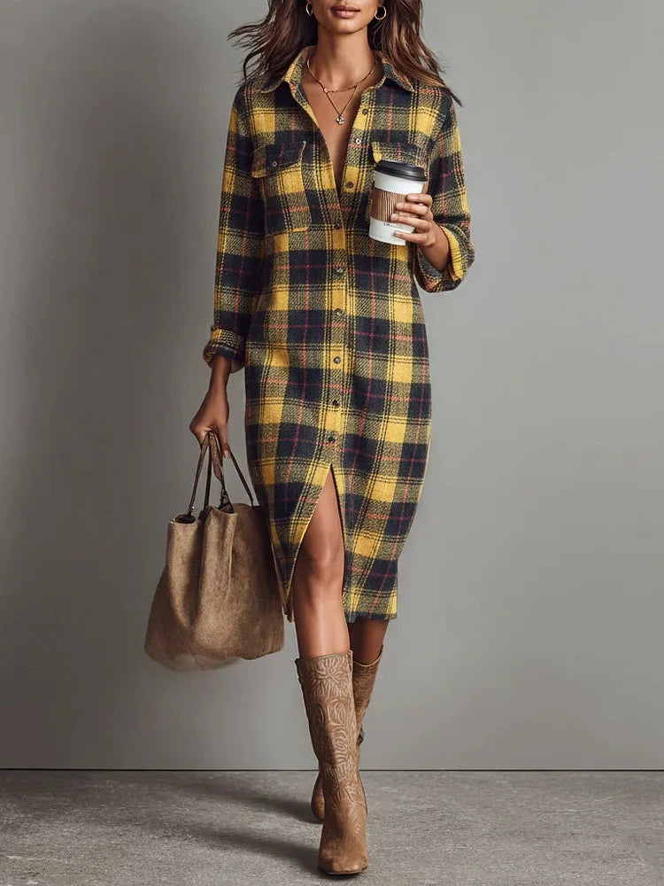 Plaid Flannel Midi Dress with Long Sleeves