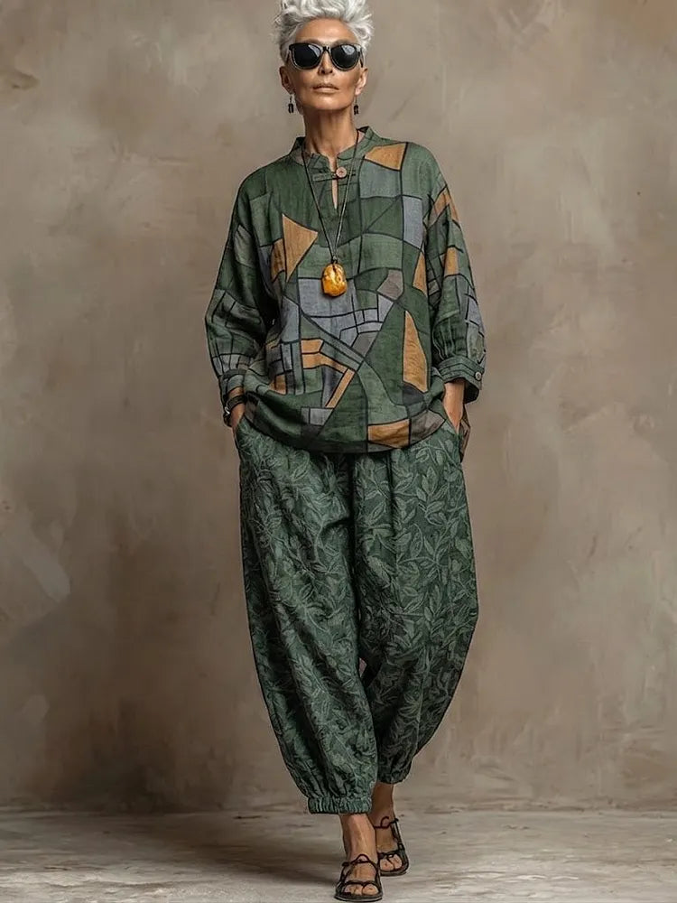 Bohemian Art-print Linen And Cotton Two-piece Top And Pants Set
