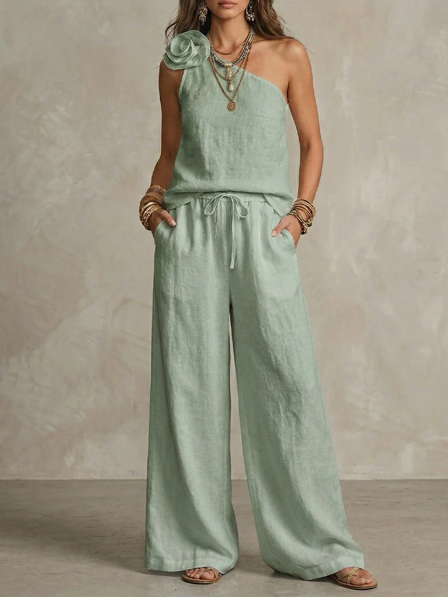 Elegant Two-Tone Set - Sleeveless Shirt and Pants