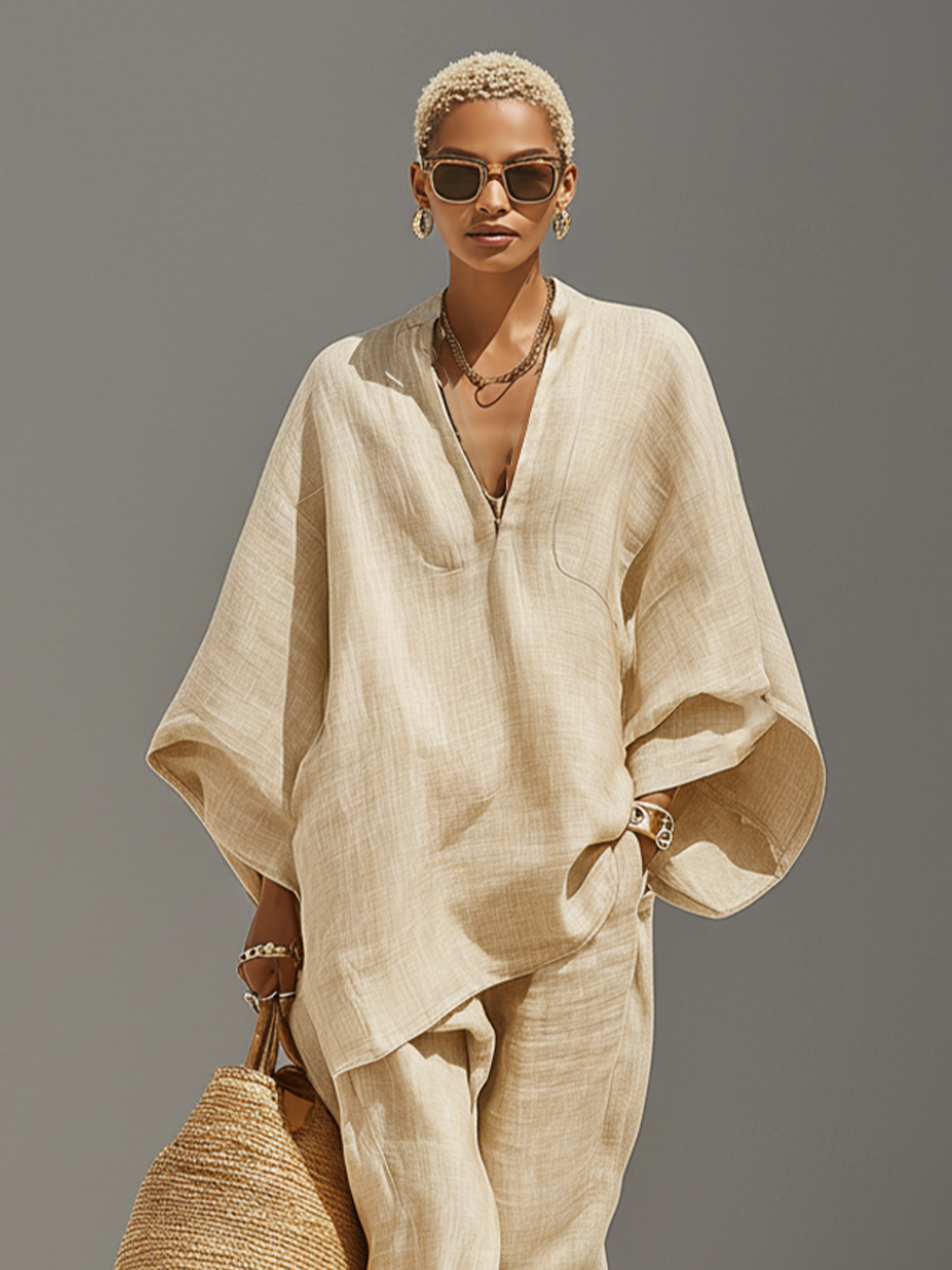Women's Neutral Linen Set With Asymmetric Hem & Minimalist Design, Sophisticated Daily-Casual Style Set MDZ0501B3I