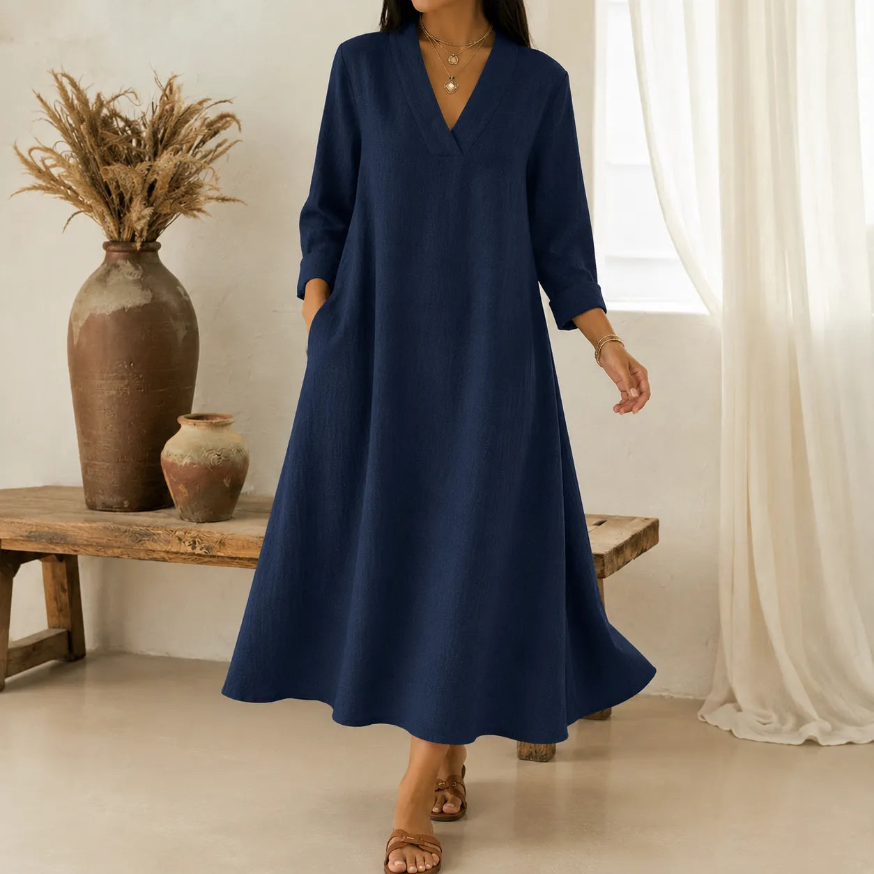 Lunara – Linen-Look V-Neck A-Line Maxi Dress with Pockets