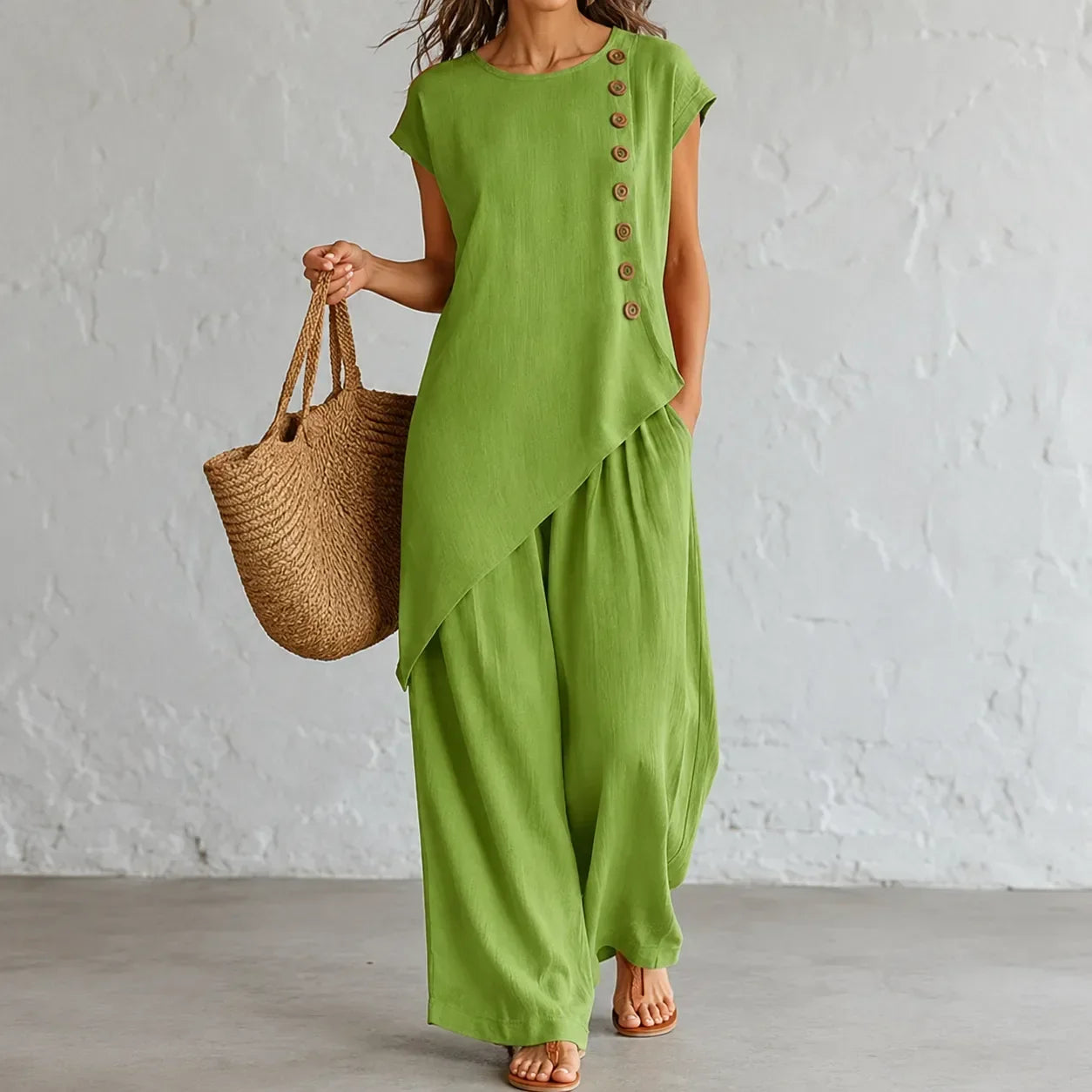 Elovena – Asymmetric Hem Matching Set with Wide-Leg Pants