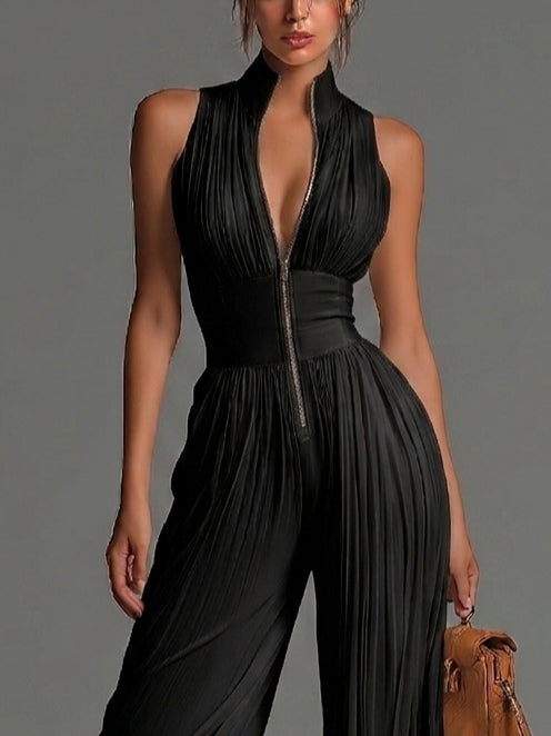 Black sleeveless V-neck jumpsuit with zipper and pleated wide legs in chiffon