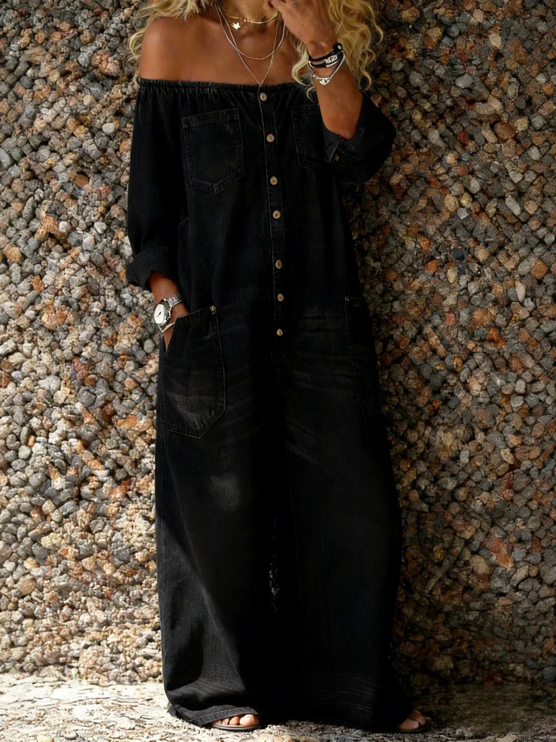 Noa | Denim Overalls with Off-Shoulder Neckline