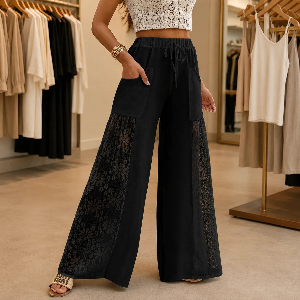 Lunavia – Floral lace-look wide-leg pants with drawstring waist and pockets