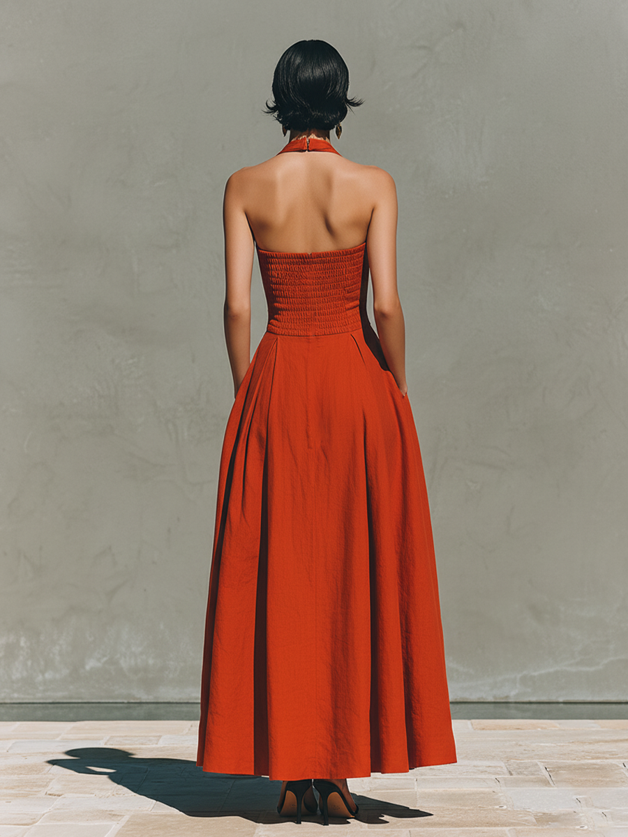 Women's Red Linen Maxi Dress With Halter Neck & Pleated Skirt, Timeless Elegant-Resort Style Dress MDZ2016C7I