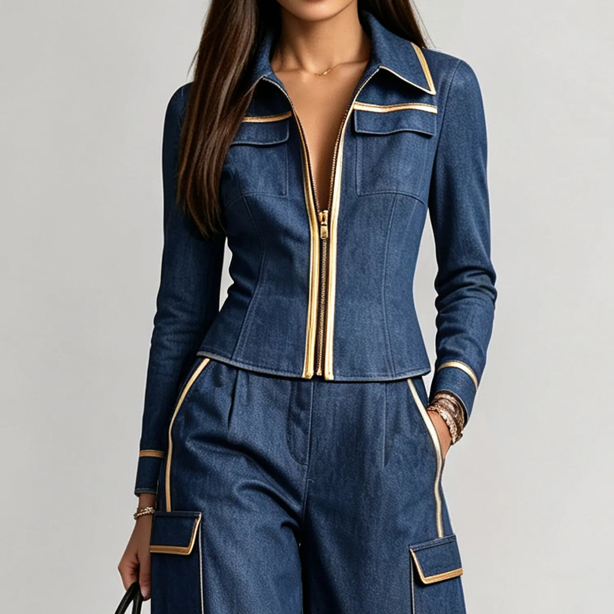 Women's Fashion Turndown Collar Zip Front Contrast Piping Chest Pocket Long Sleeve Denim Blouse