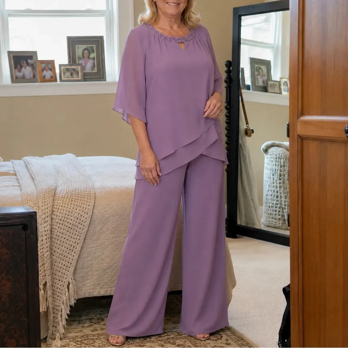 Elowen – Layered Chiffon-like Wedding Guest Pant Set for Women