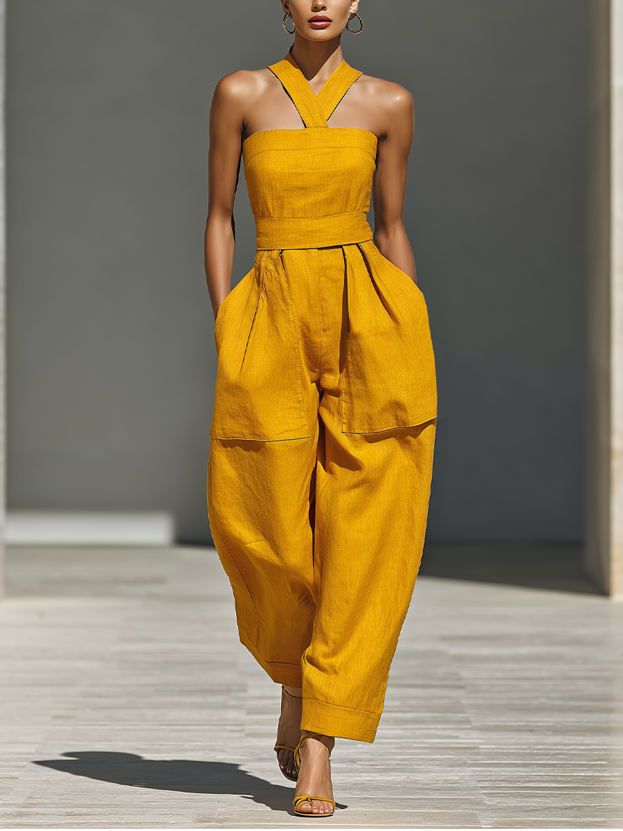 Women's Mustard Yellow Linen-Blend Jumpsuit With Crisscross Neckline & Relaxed Trousers MDZ2808B6T