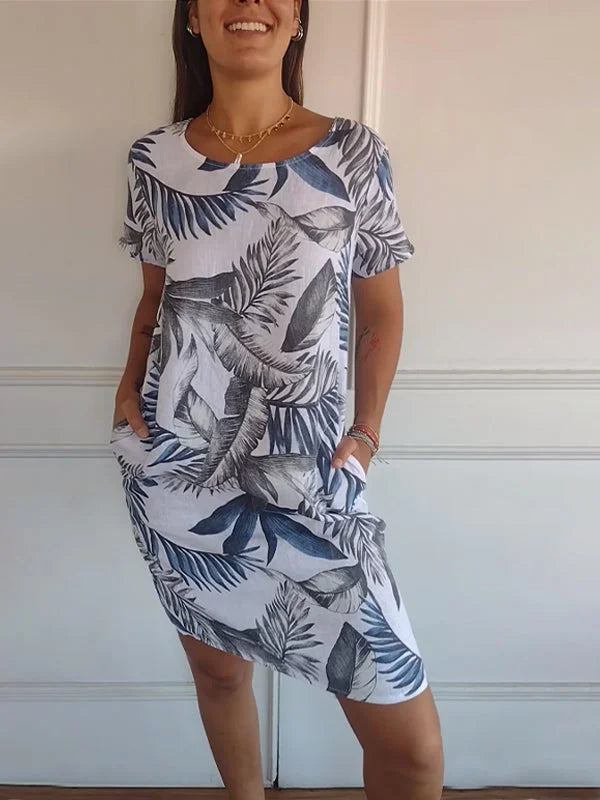 Printed summer dress in cotton and linen for women with pockets