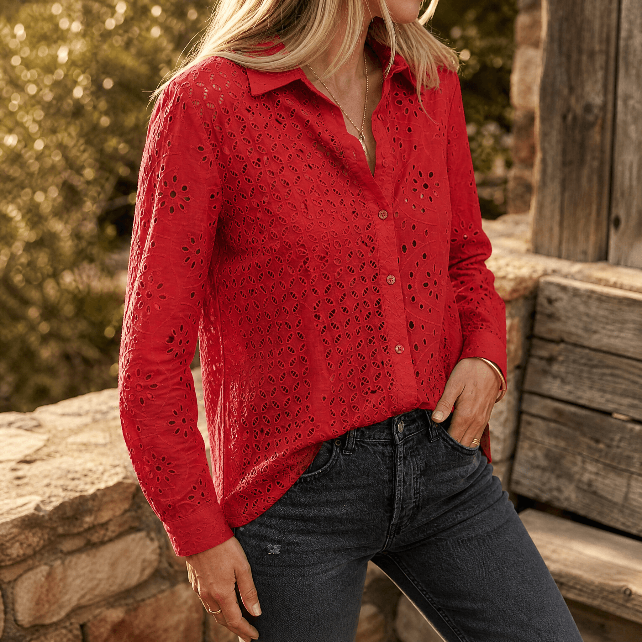 Florelle – Embroidered Eyelet Button Blouse