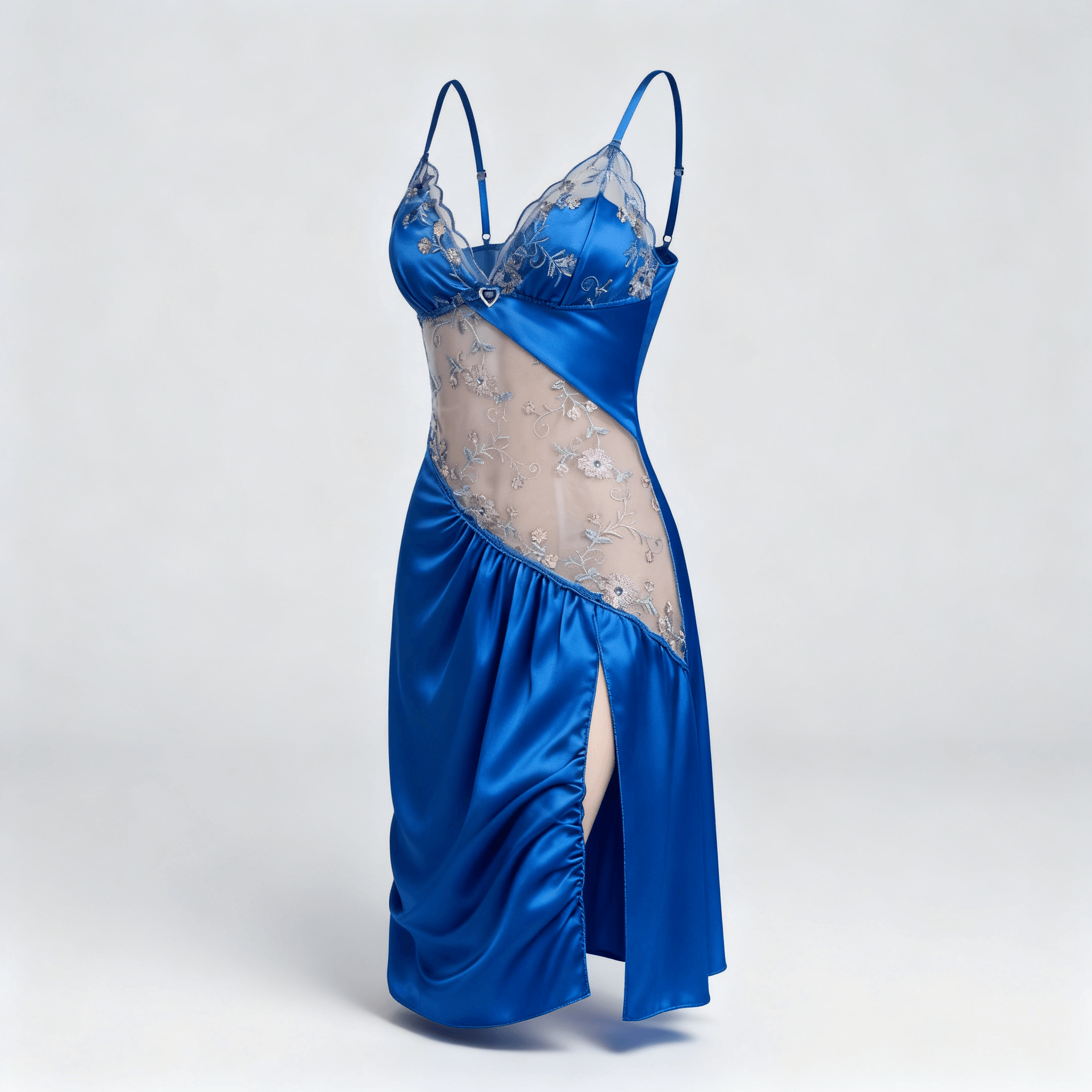 Florelle - Women's floral embroidered mesh nightgown with high slit