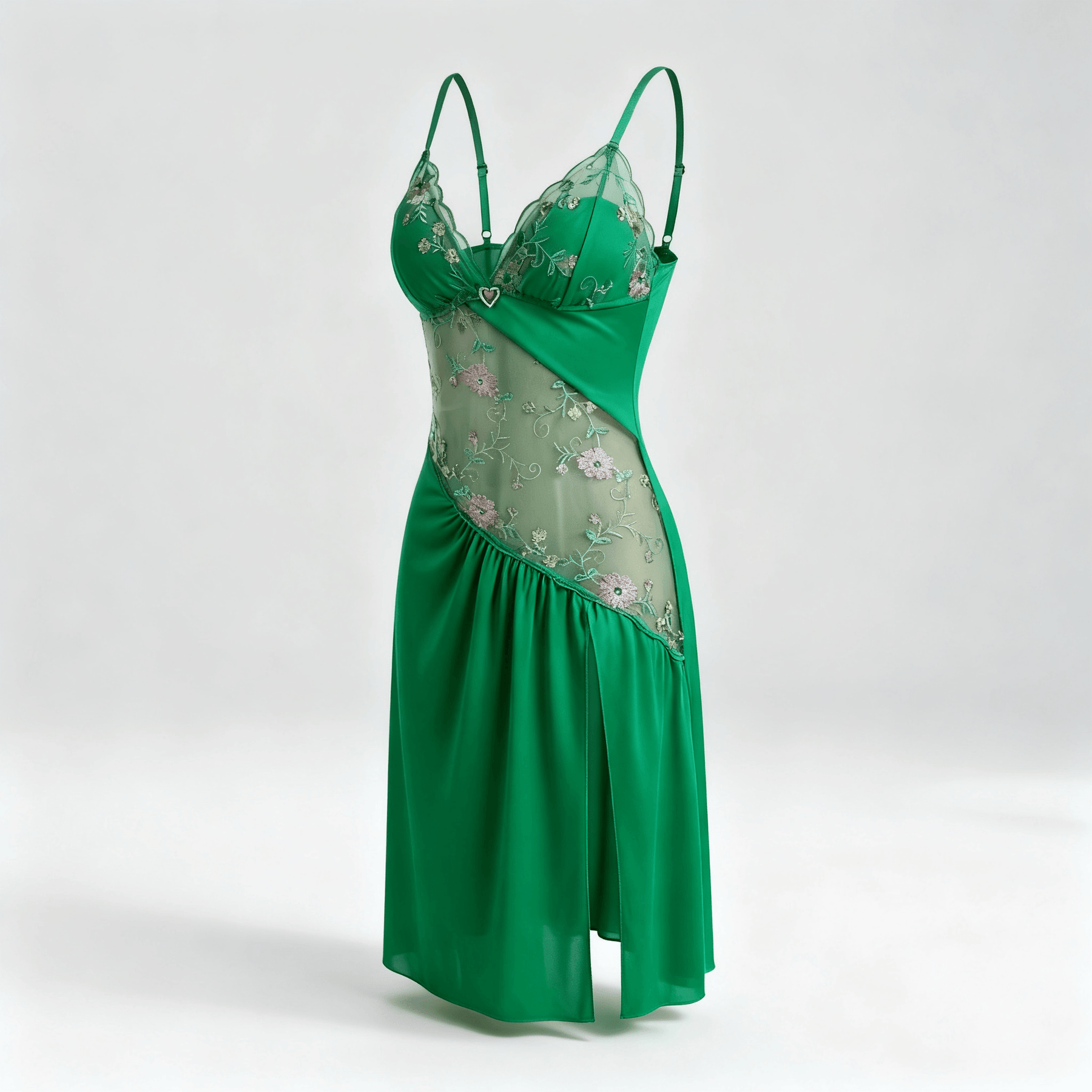 Florelle - Women's floral embroidered mesh nightgown with high slit