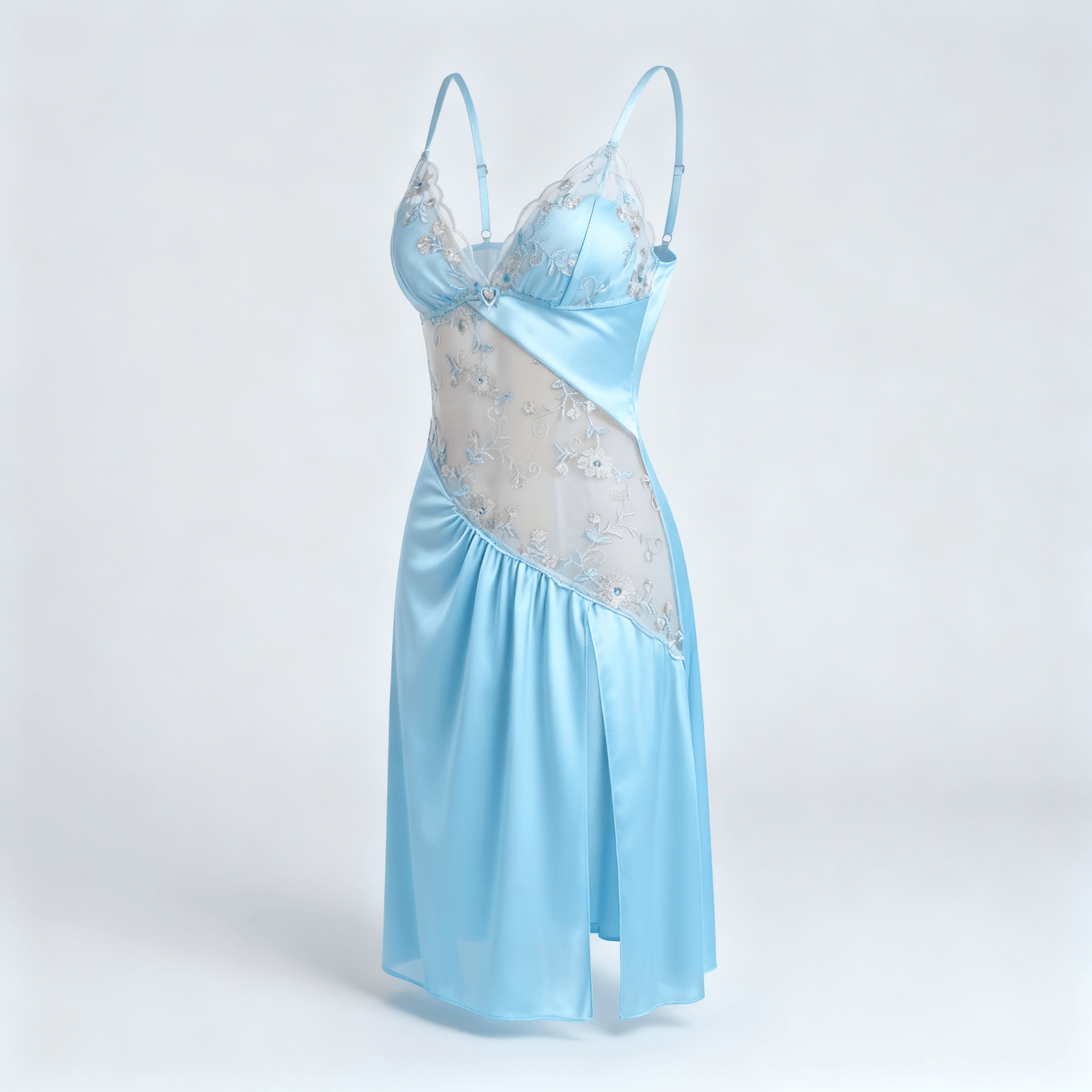Florelle - Women's floral embroidered mesh nightgown with high slit