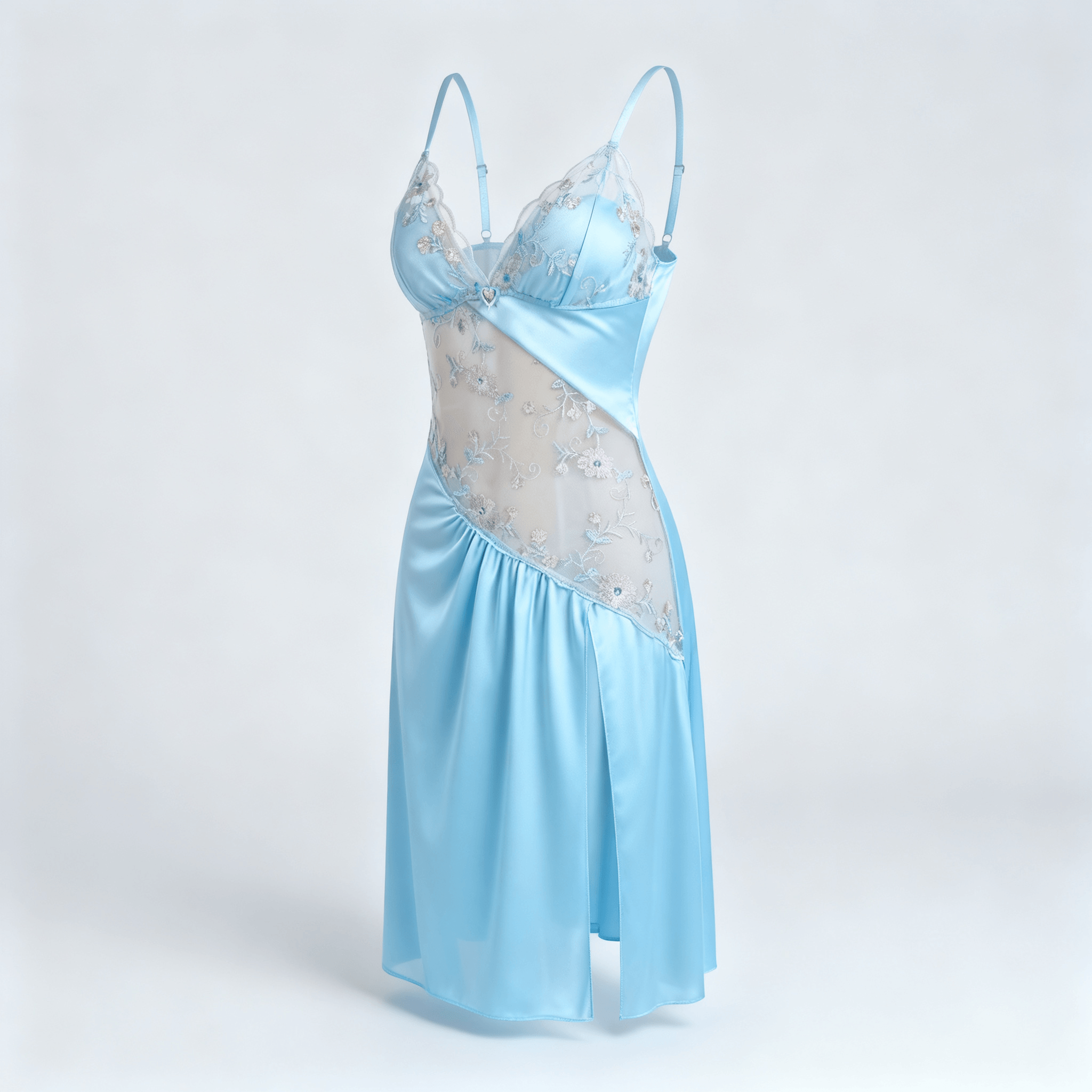 Florelle - Women's floral embroidered mesh nightgown with high slit