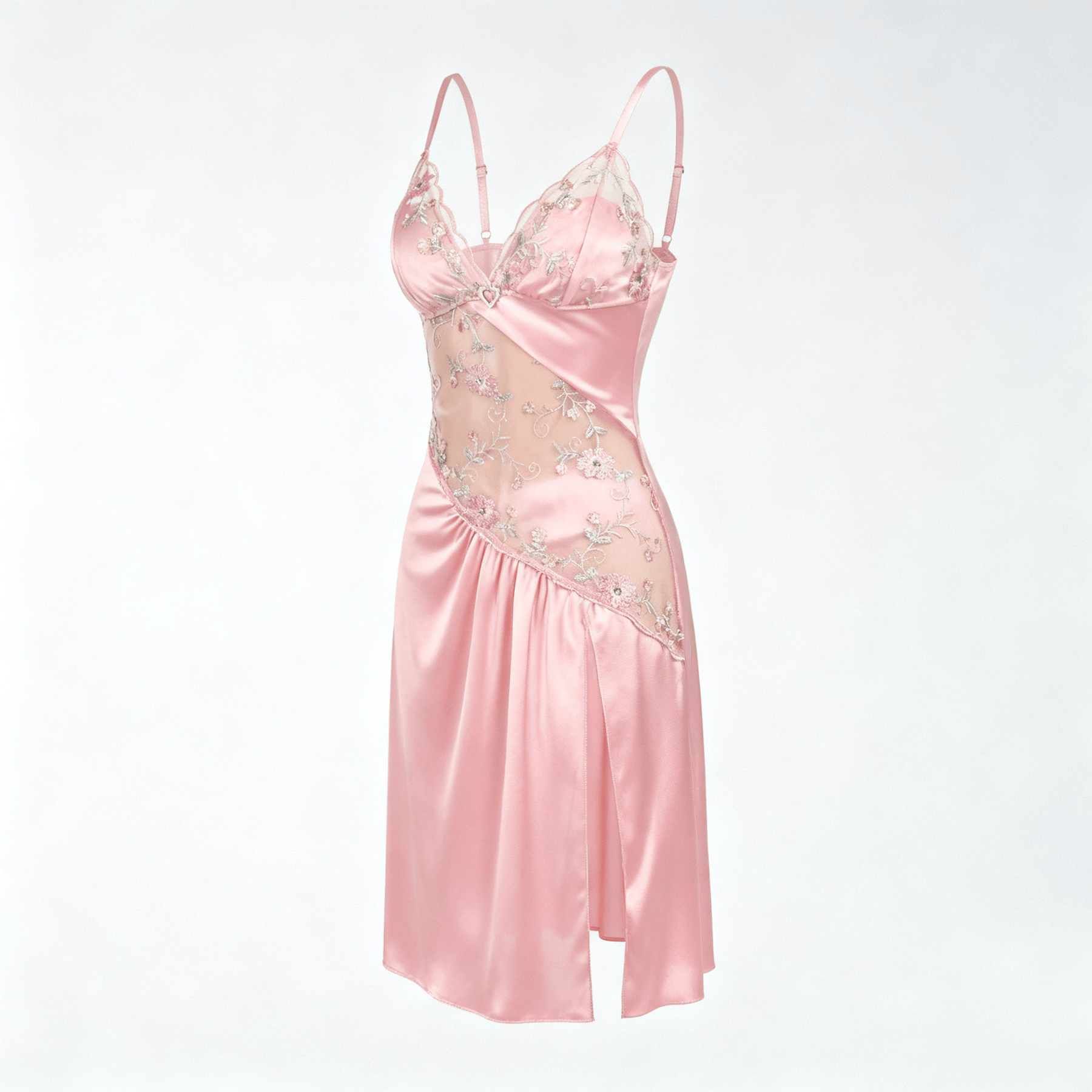 Florelle - Women's floral embroidered mesh nightgown with high slit