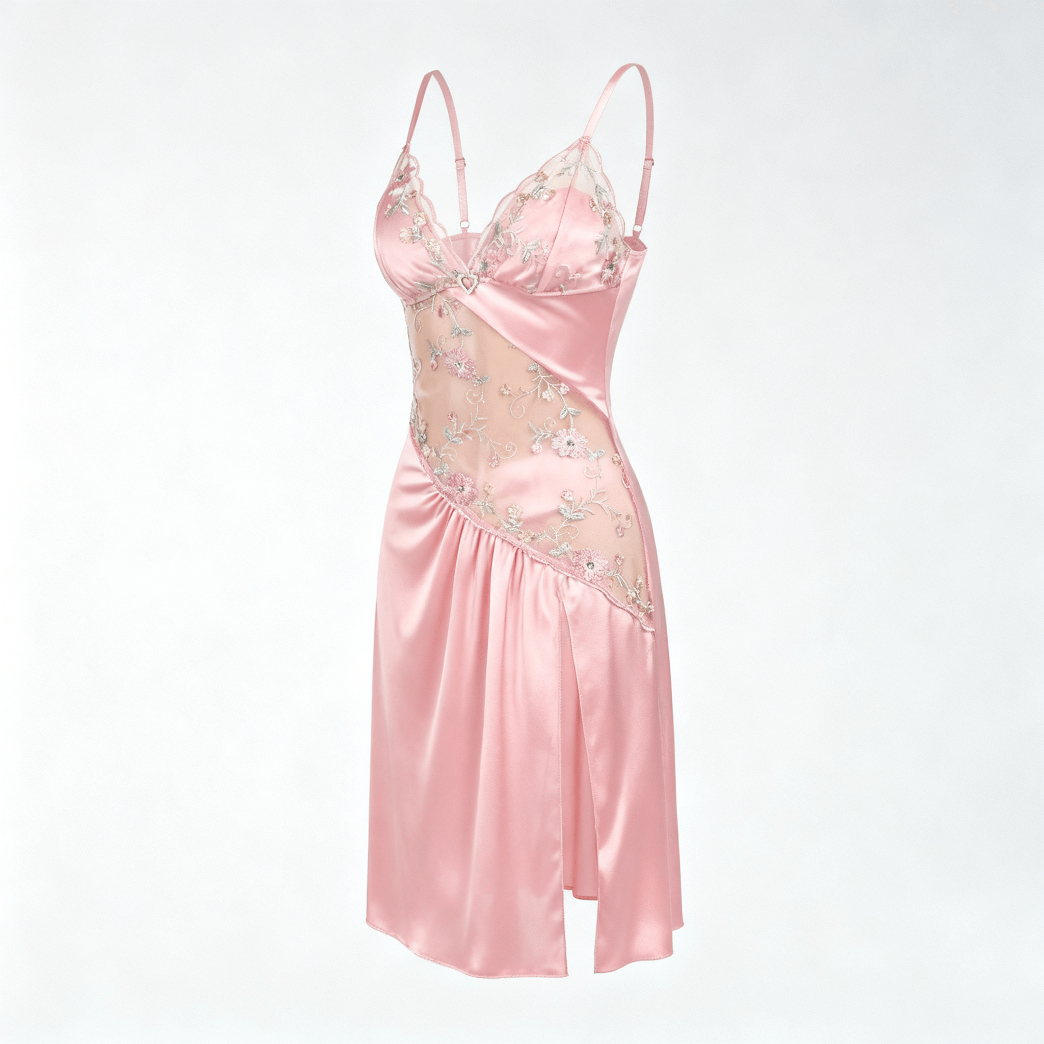 Florelle - Women's floral embroidered mesh nightgown with high slit