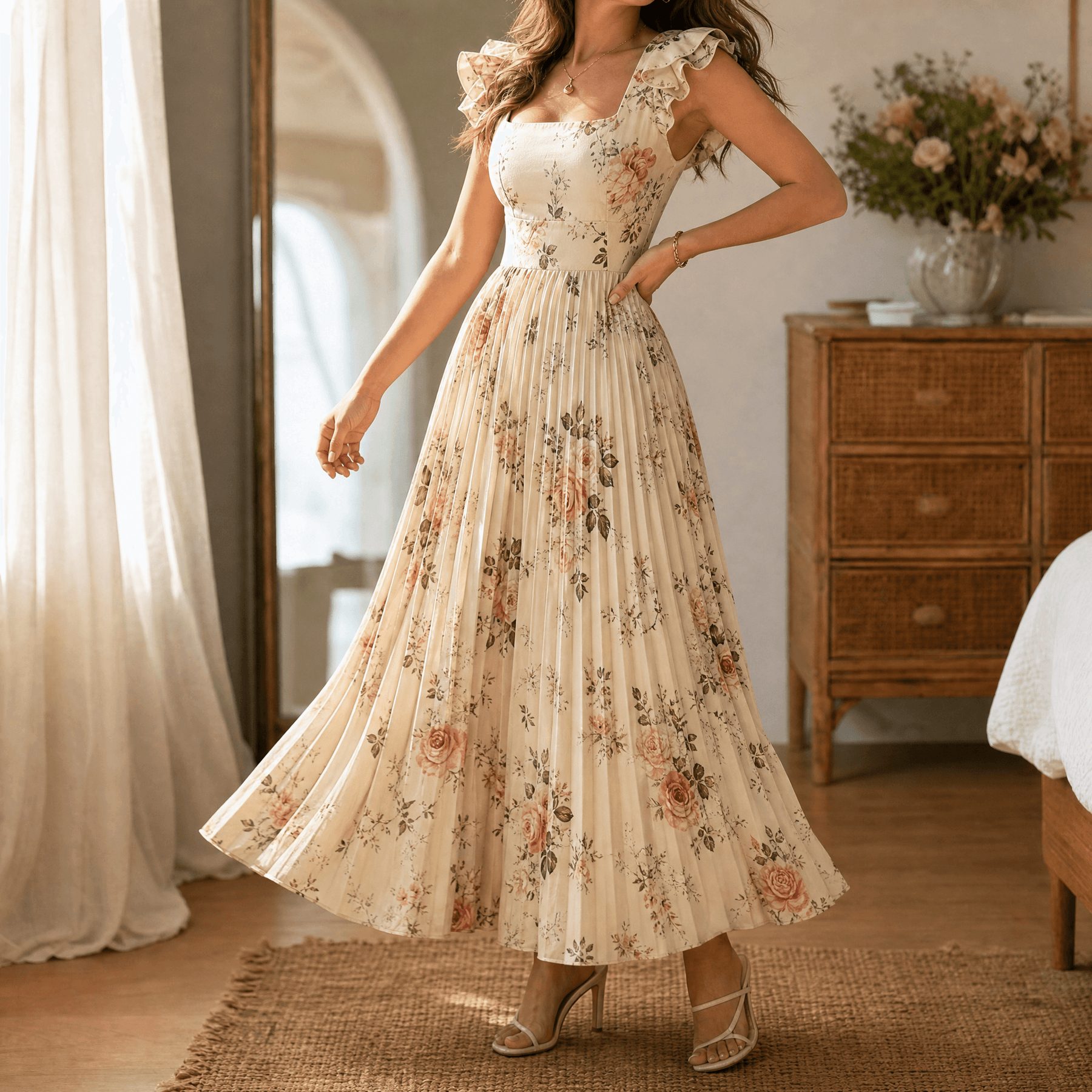 Florelle – Women's Square-Neck Floral Pleated Maxi Dress
