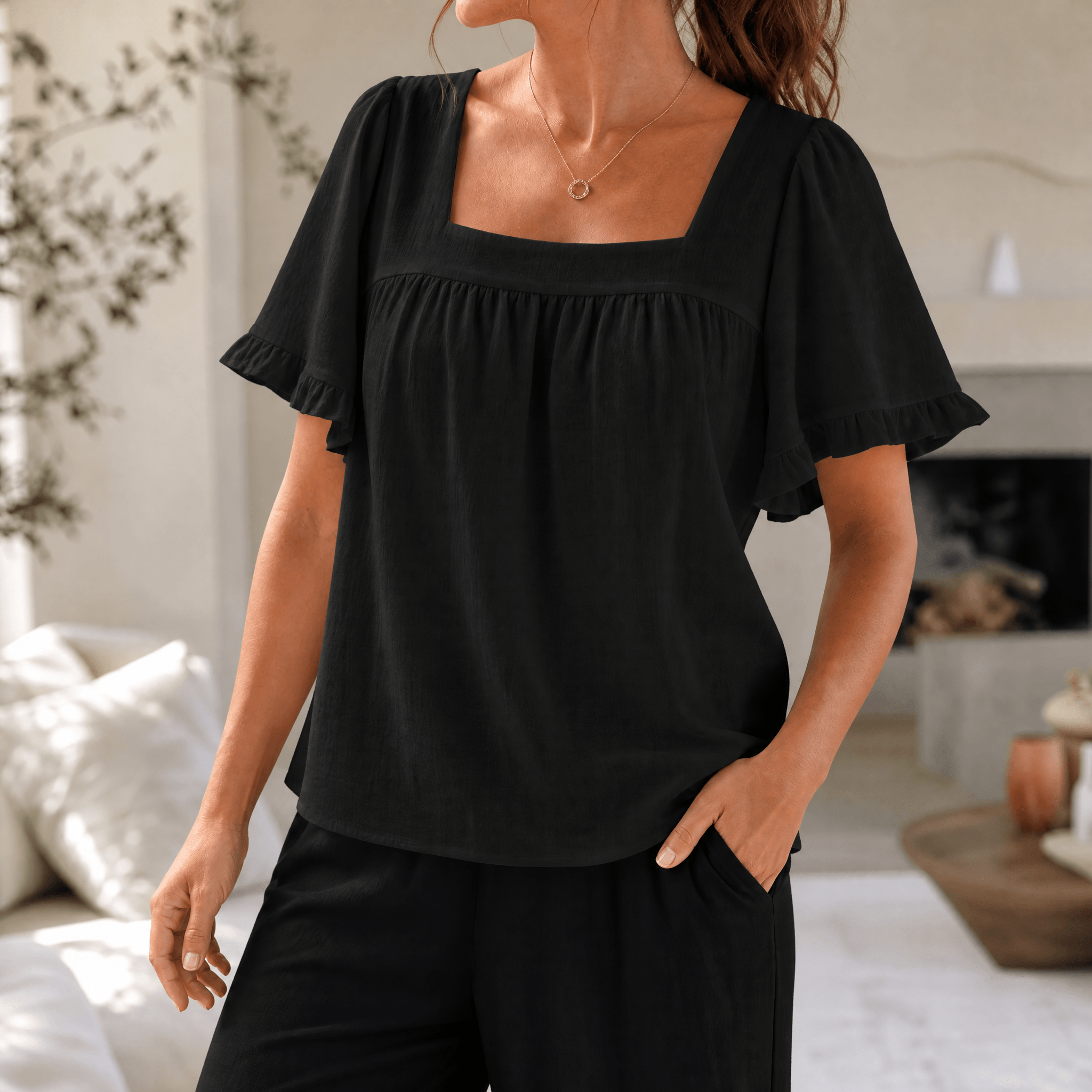 Florelle – Women's Square Neck Flutter Sleeve Blouse