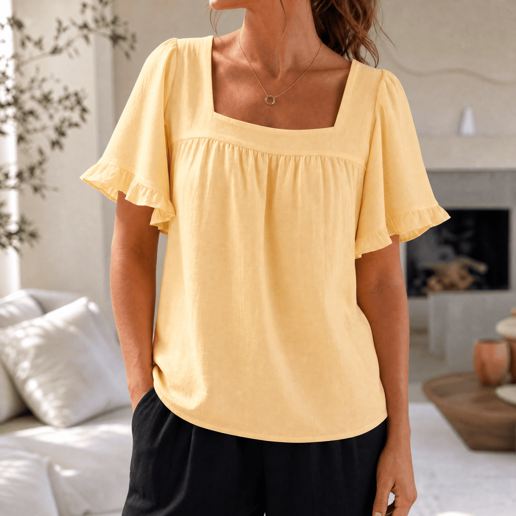 Florelle – Women's Square Neck Flutter Sleeve Blouse